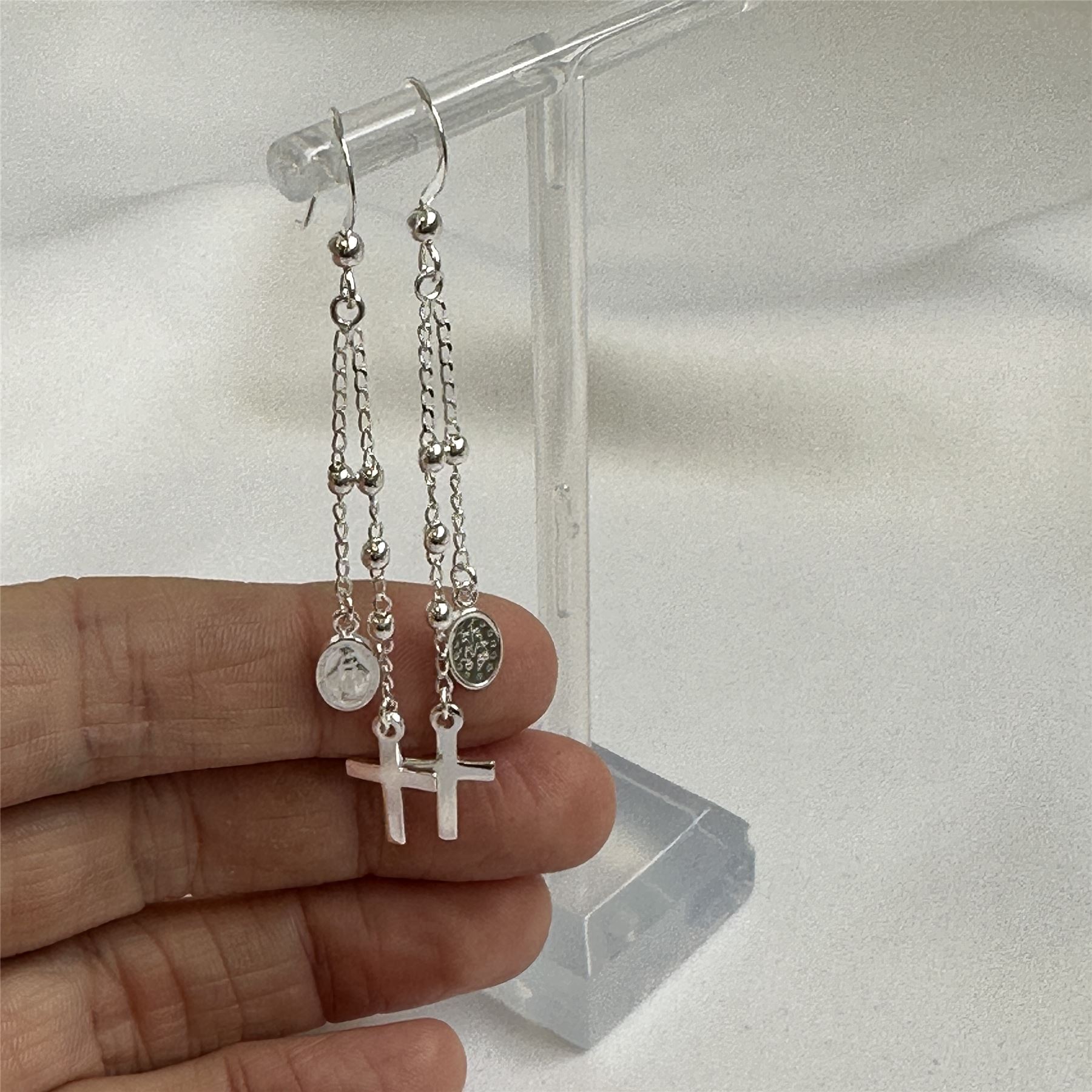 Sterling Silver Cross & Miraculous Medal Dangle Drop Earrings Faith