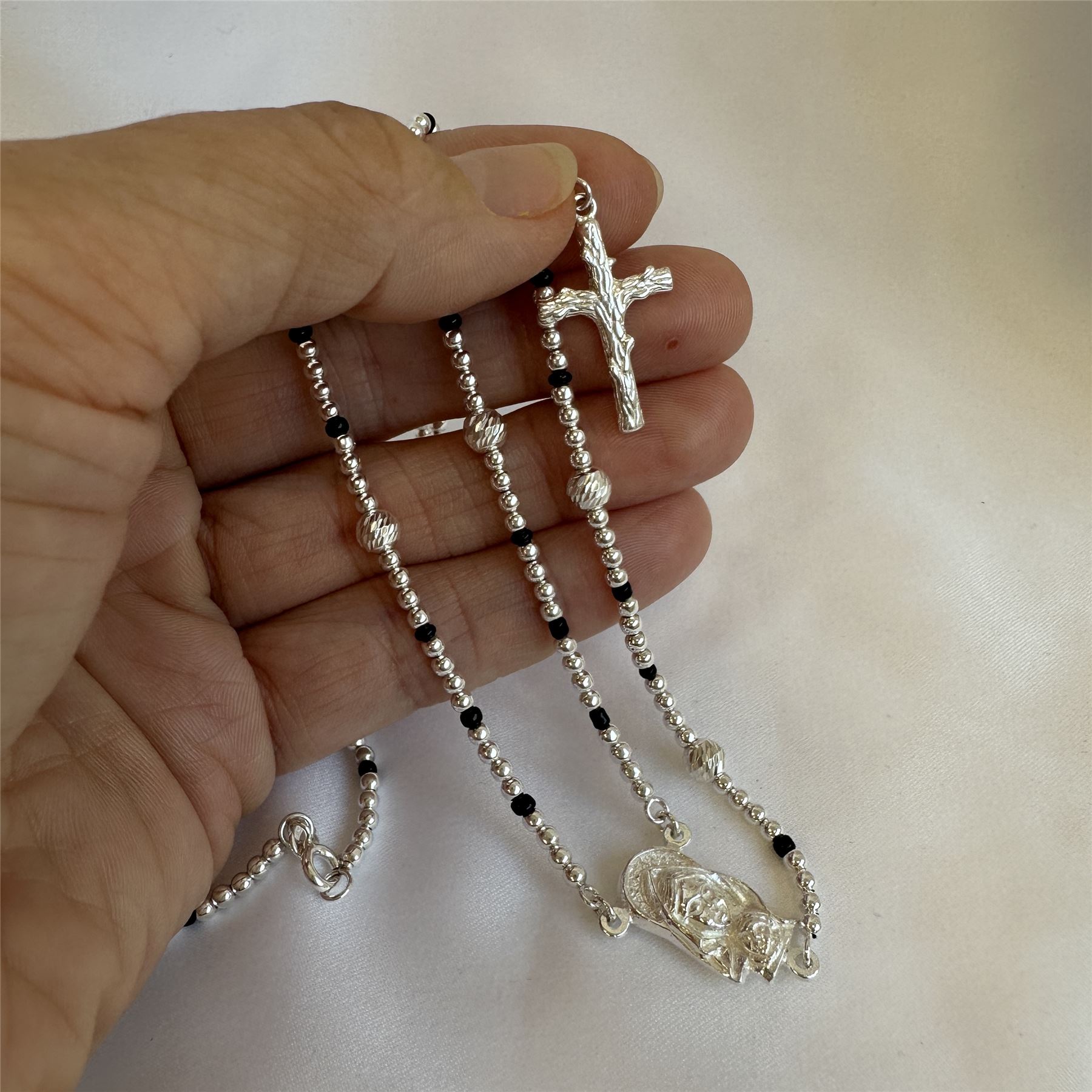Sterling Silver Rosary Beads 23 Inch Box Chain Necklace with Clasp Catholic