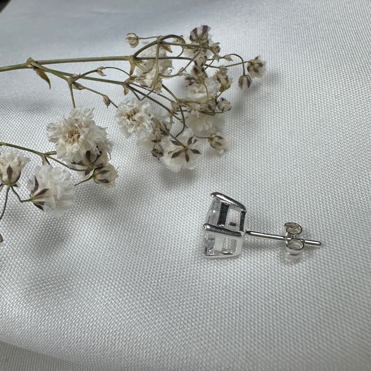 Sterling Silver Square CZ Crystal Mens Ear Stud / Single / Clear Black / 4-10mm - Picture 14 of 28