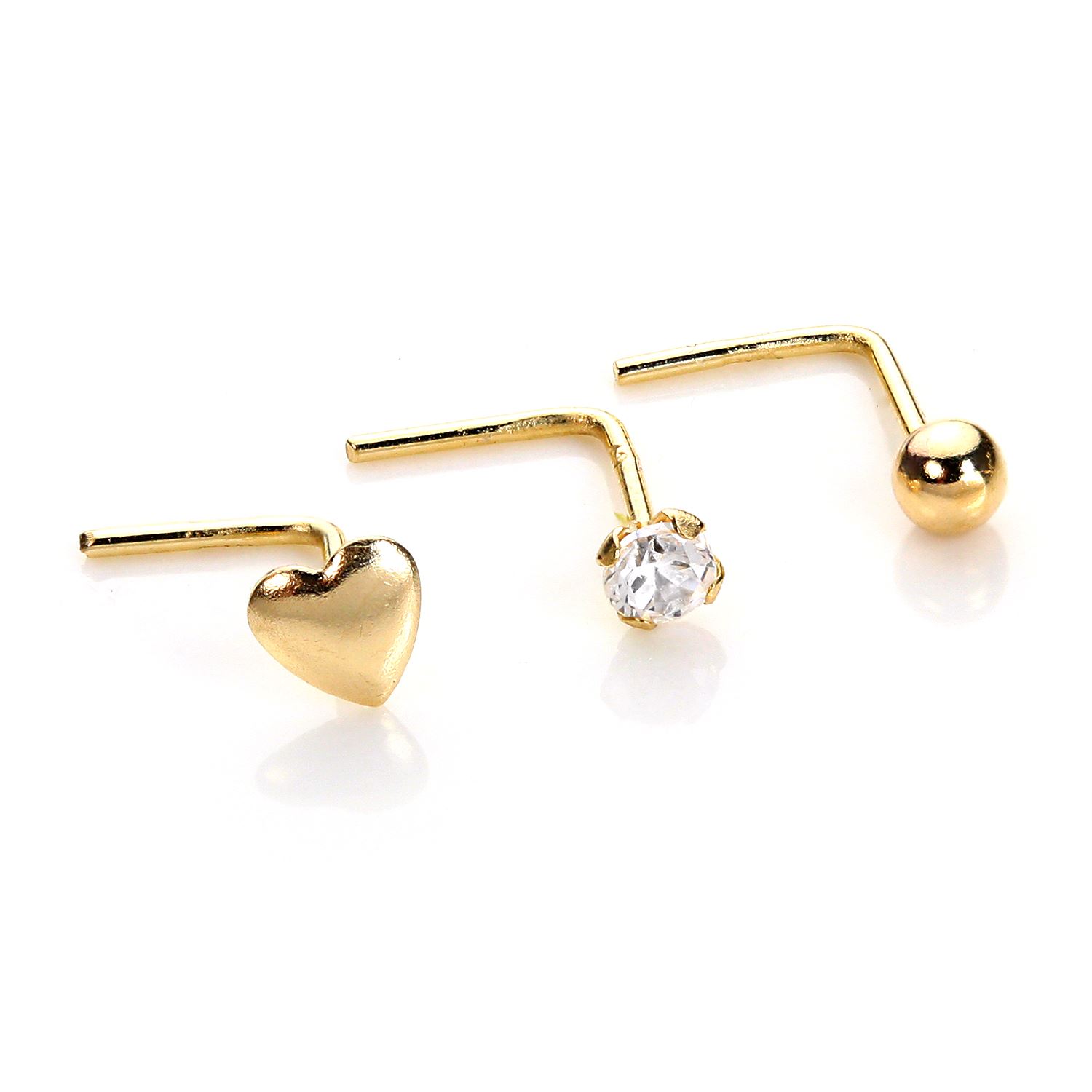 9ct Gold 2mm Heart Bead & Clear Crystal Stud Nose L Stud - Single Pin or Set - Picture 15 of 19