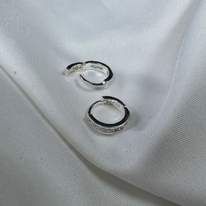 Sterling Silver CZ Channel Set Huggie 14mm Hoop Earrings