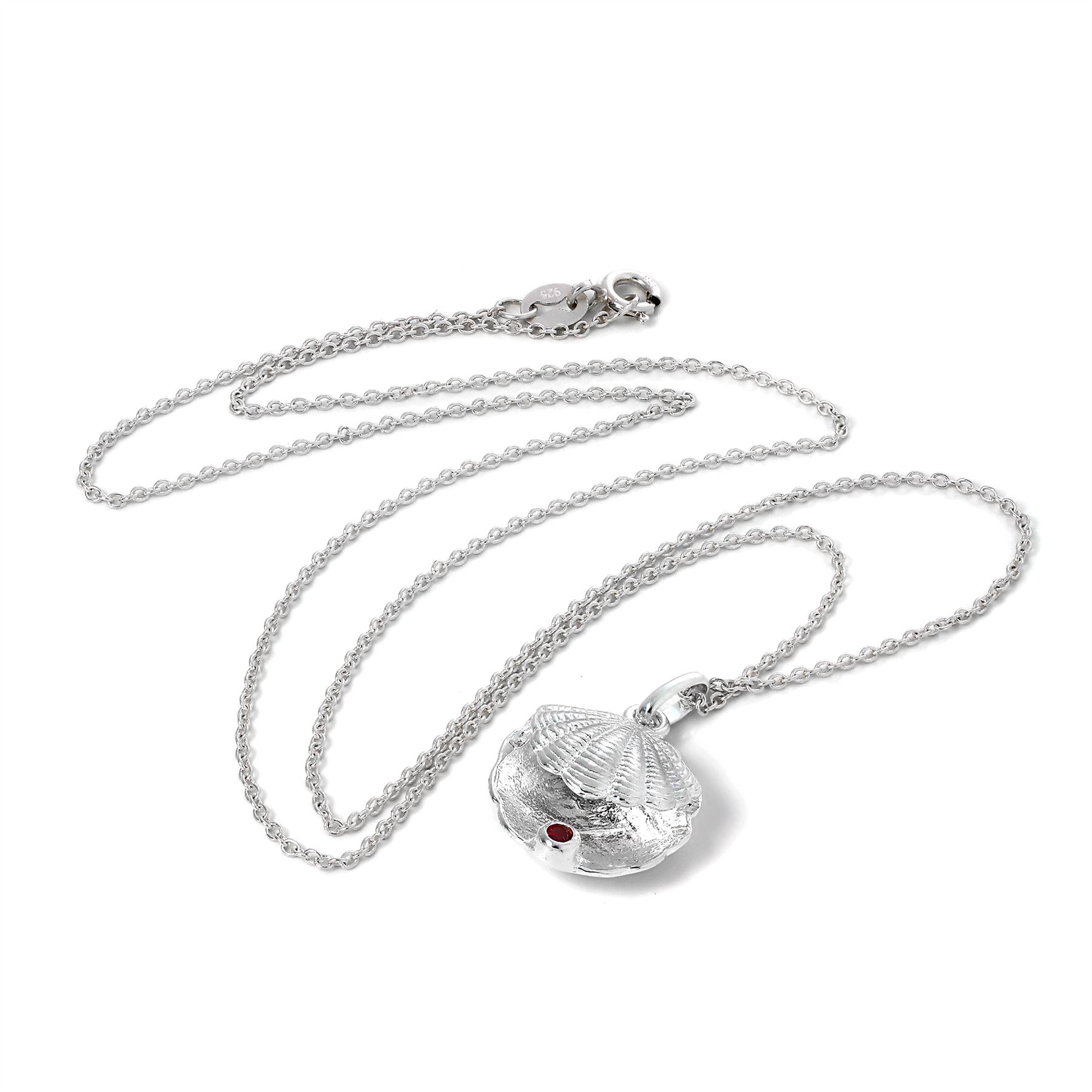 Sterling Silver Oyster Shell & Siam CZ Birthstone Necklace 16 - 22 Inches - Picture 9 of 15