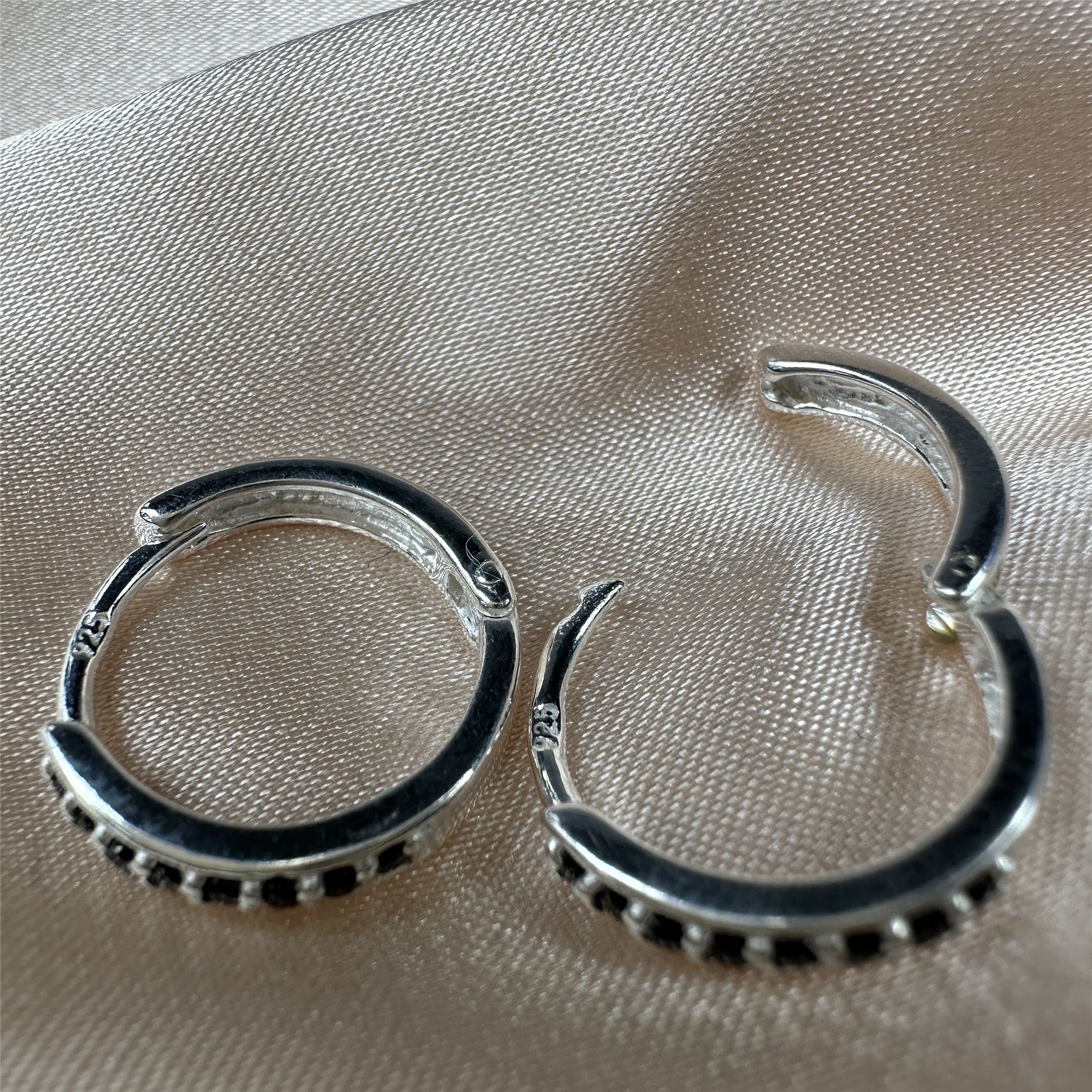 Sterling Silver Black CZ Pave Huggie 15mm Hoop Earrings