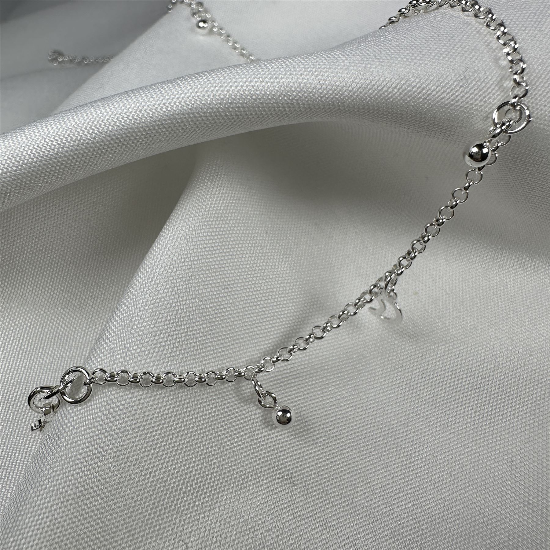 Sterling Silver Moon & Star Outline Ball Drop Adjustable Anklet