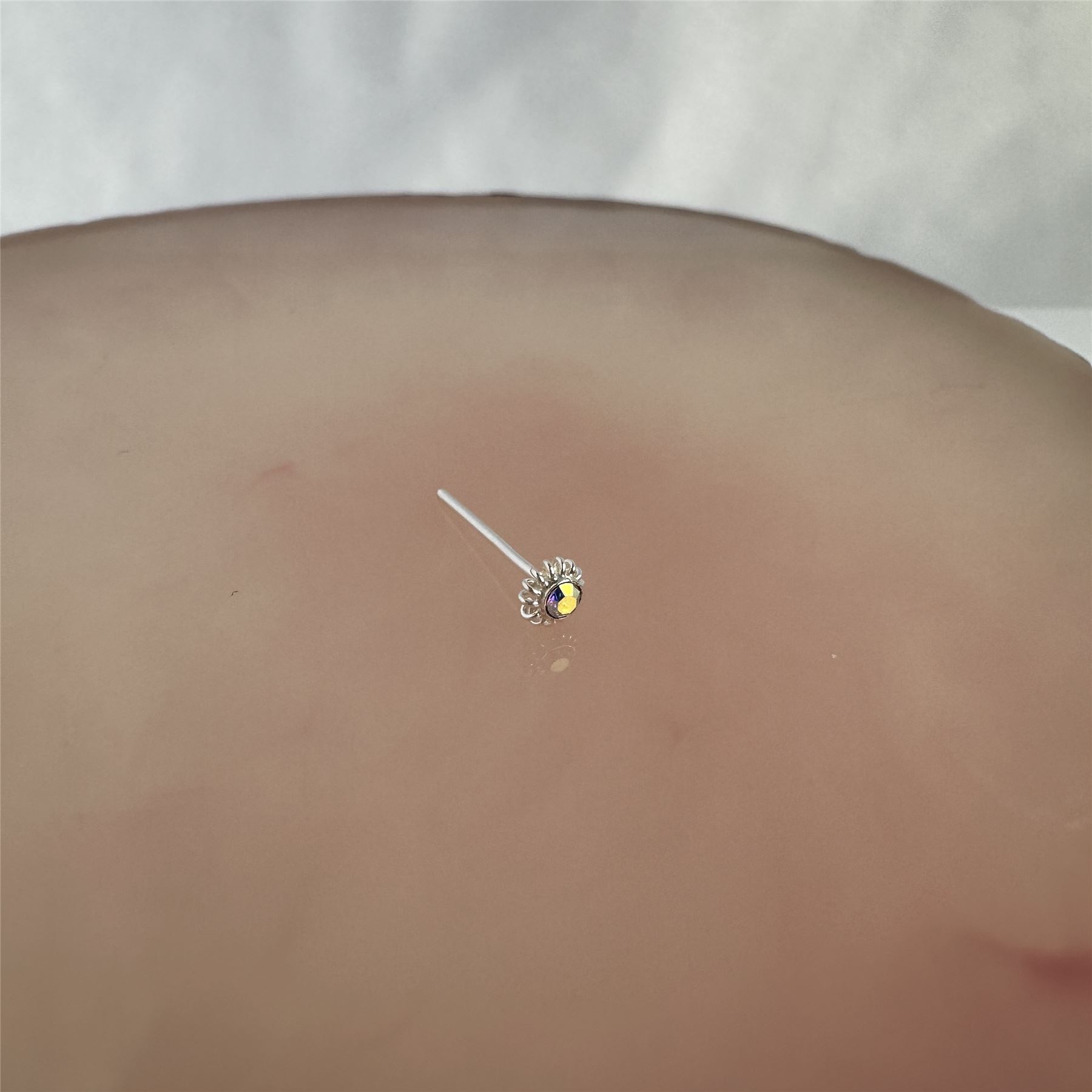 Sterling Silver 2mm Aurora Borealis CZ Coiled Flower 22Ga Nose Stud