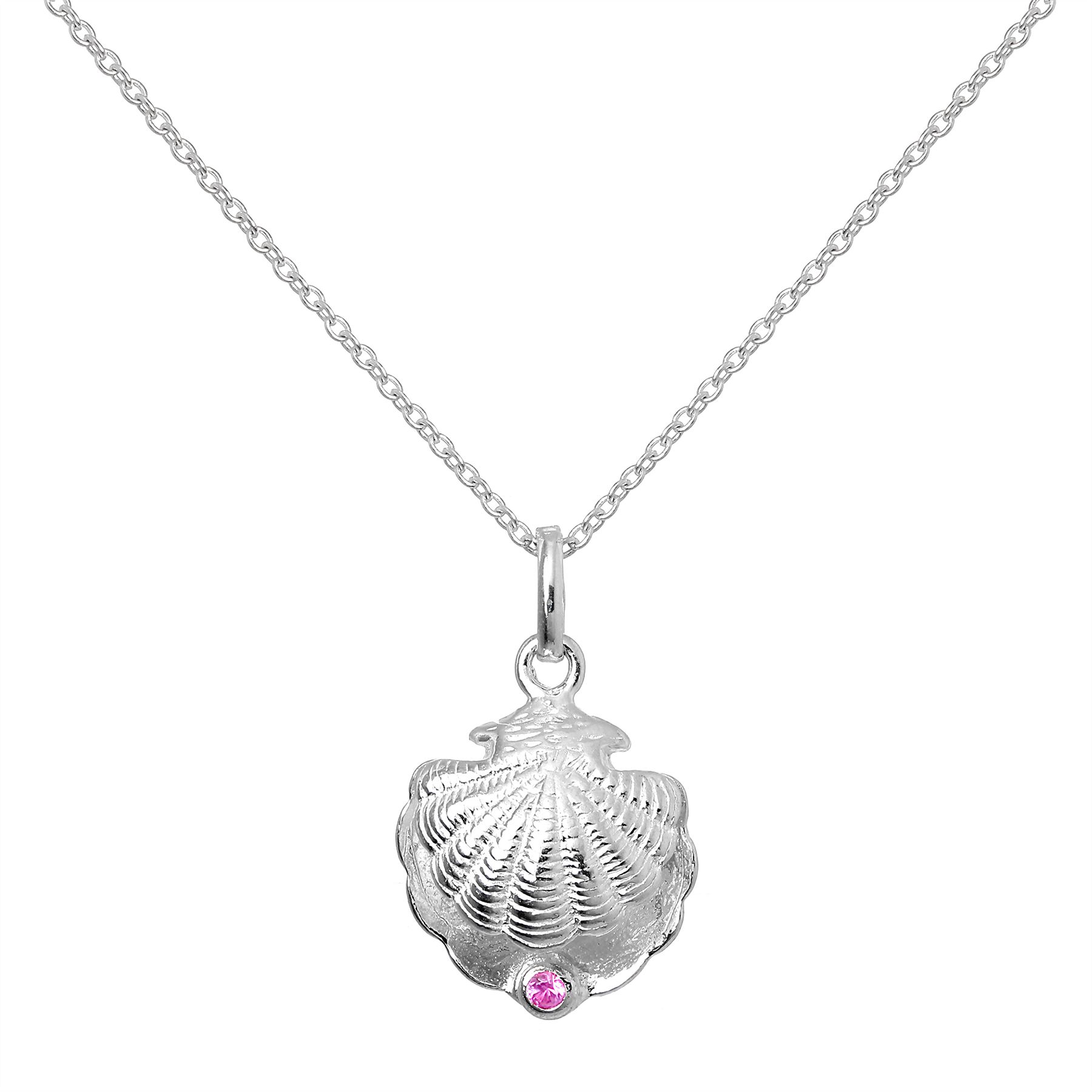 Sterling Silver Oyster Shell & Tourmaline CZ Birthstone Necklace 16-22 Inches - Picture 4 of 15