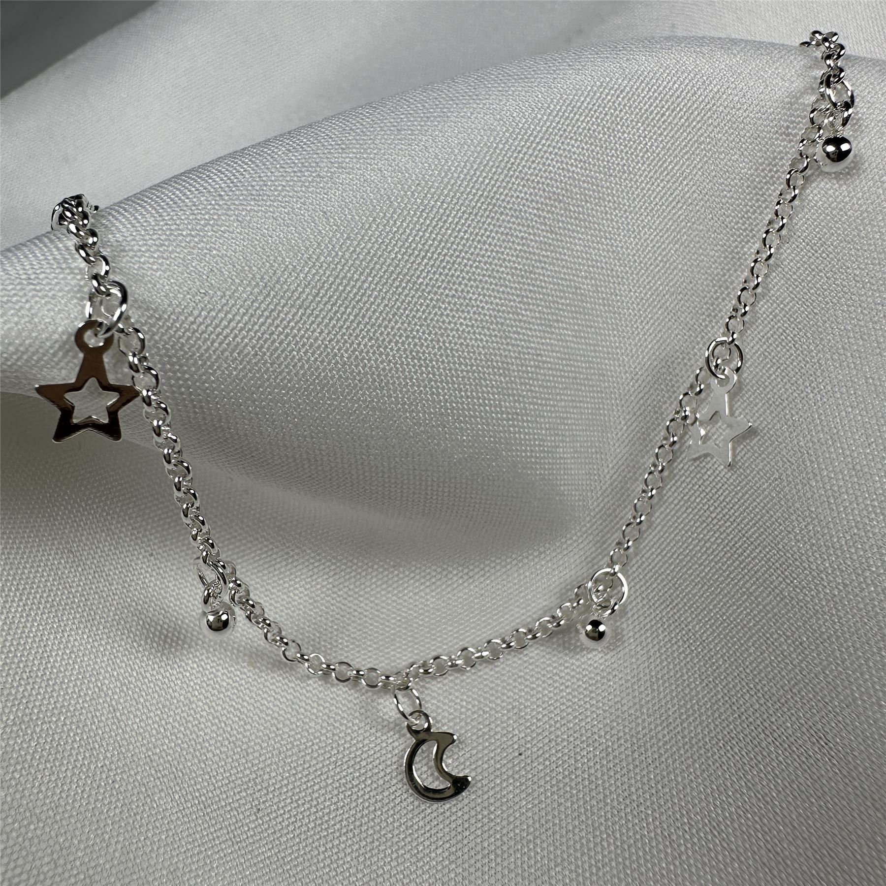 Sterling Silver Moon & Star Outline Ball Drop Adjustable Anklet