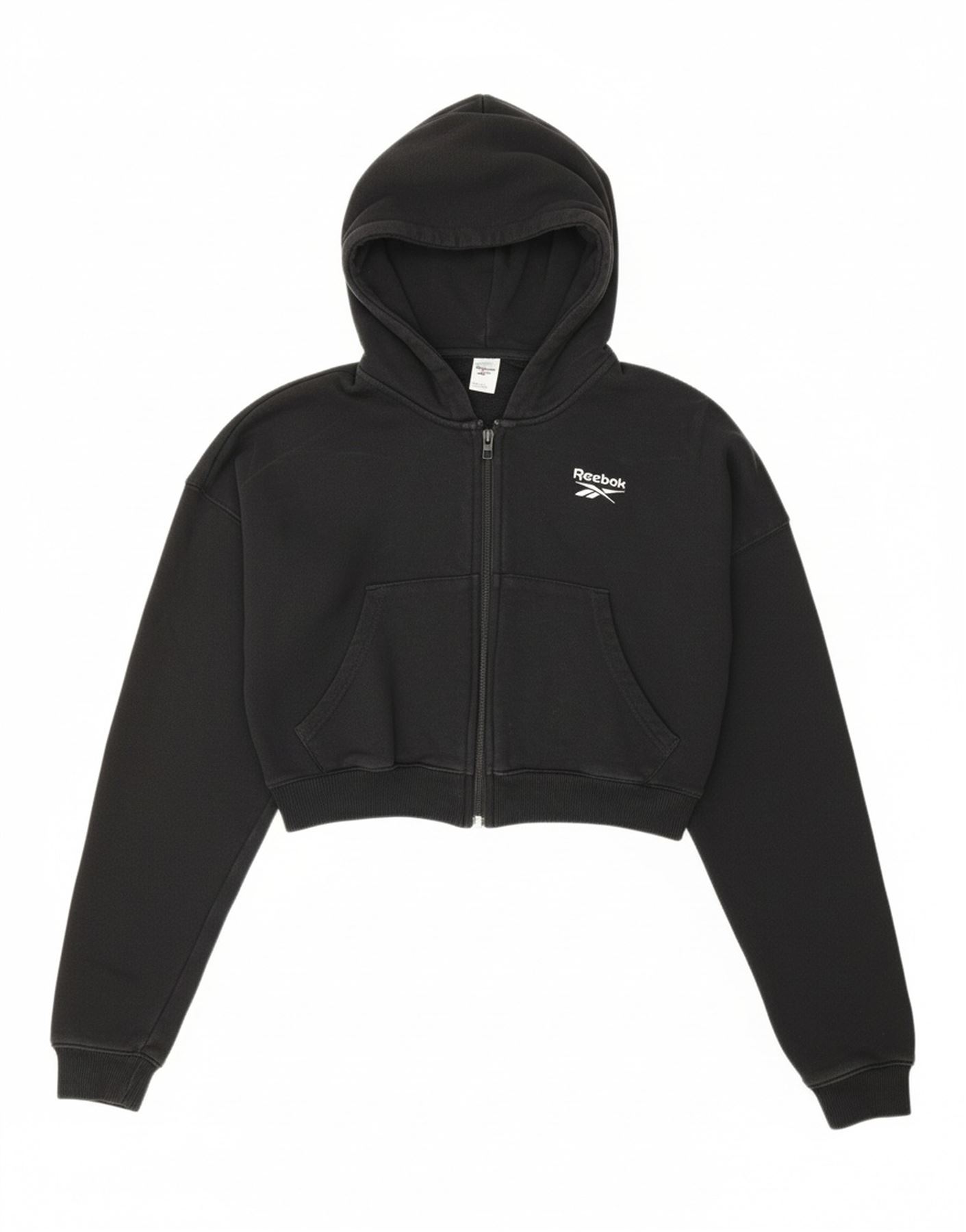 REEBOK Womens Oversized Crop Zip Hoodie Sweater UK 4/6 XS Black