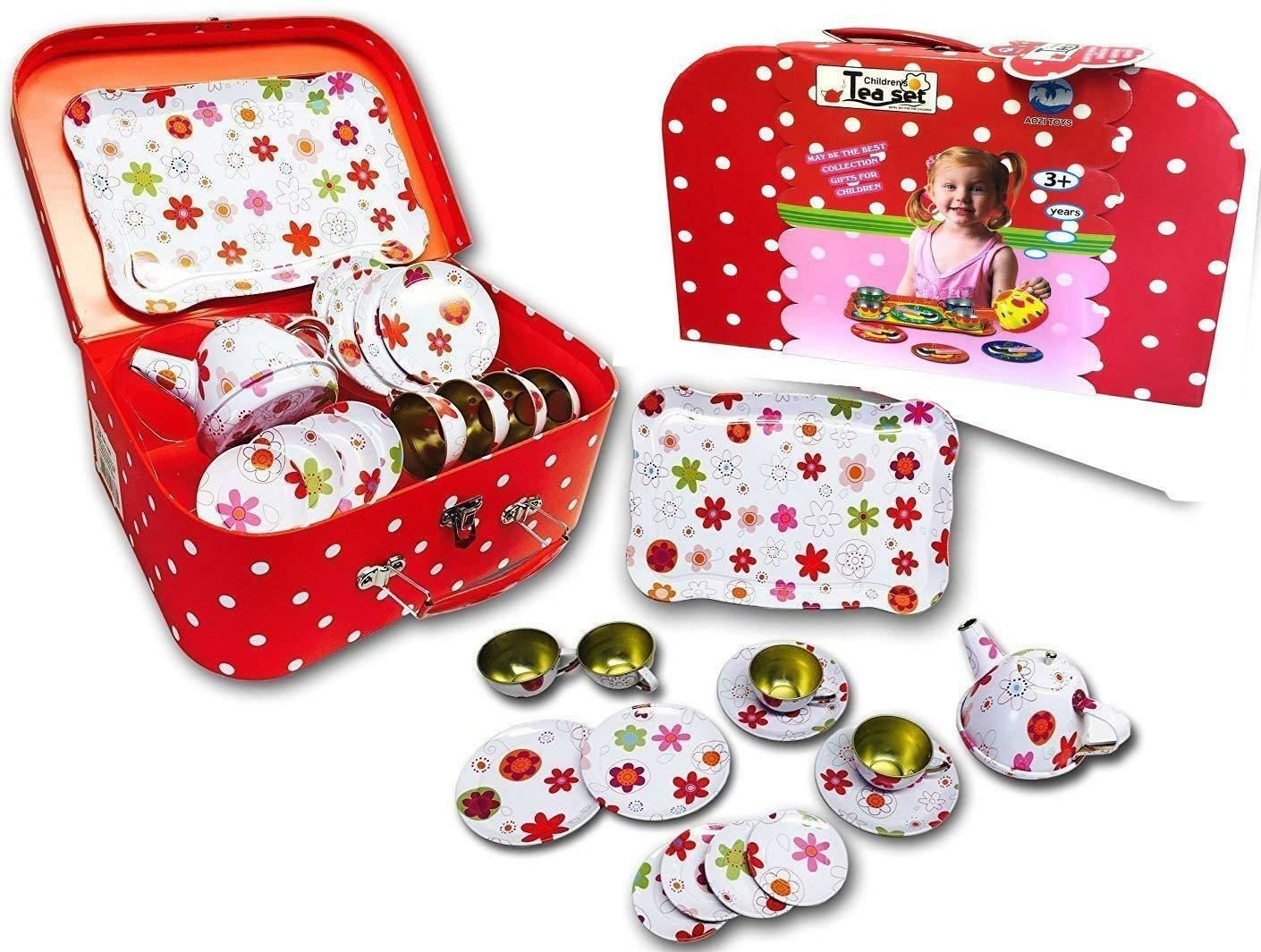 Kids Tea Set Children TIN Tea Party Set Toy Picnic Pretend Play Teaset
