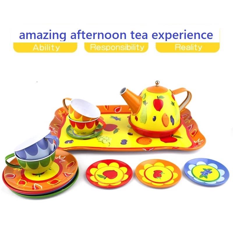 Kids Tea Set Children TIN Tea Party Set Toy Picnic Pretend Play Teaset