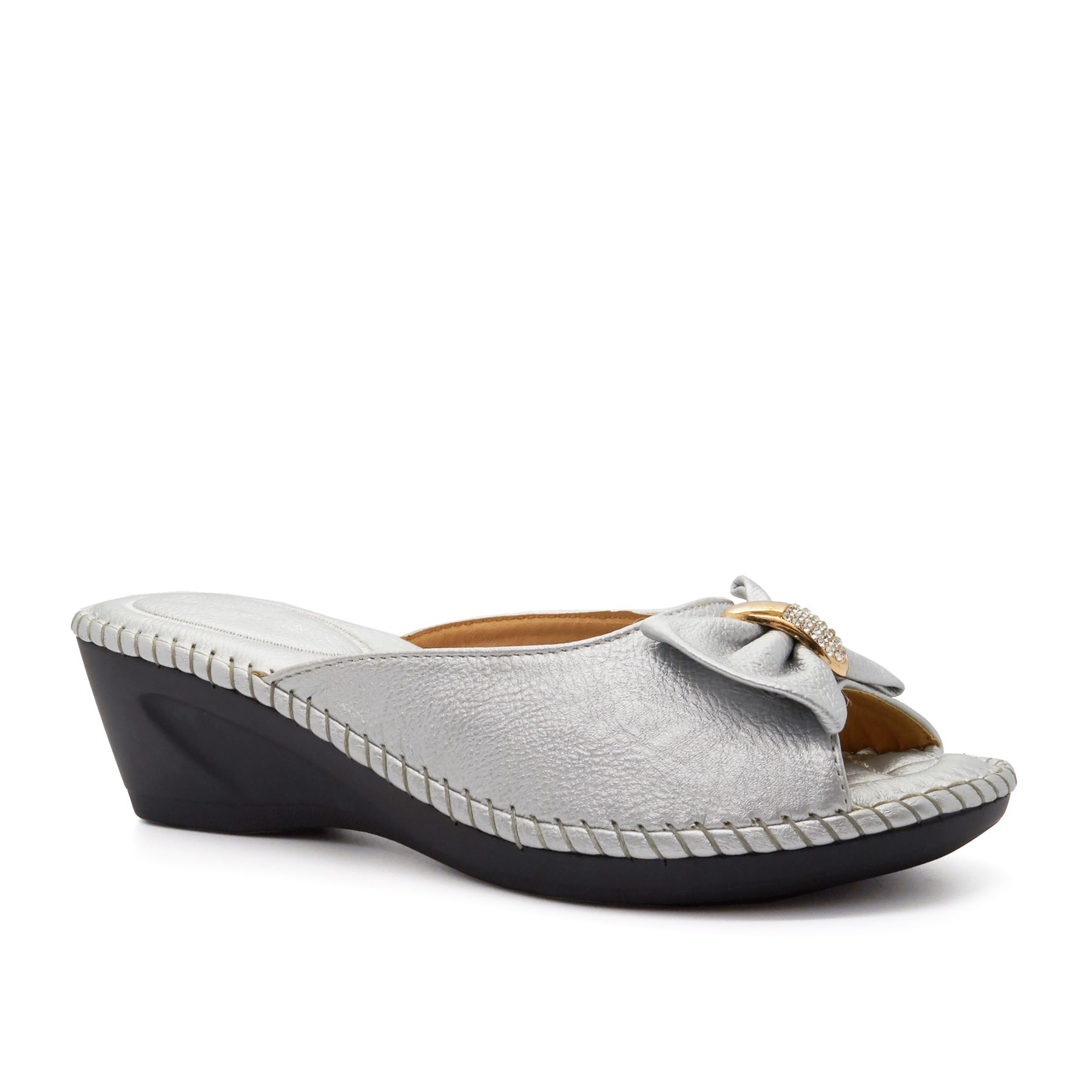 New Ladies Low Wedge Heel Diamante Mule Sandals Womens Slip On Shoes