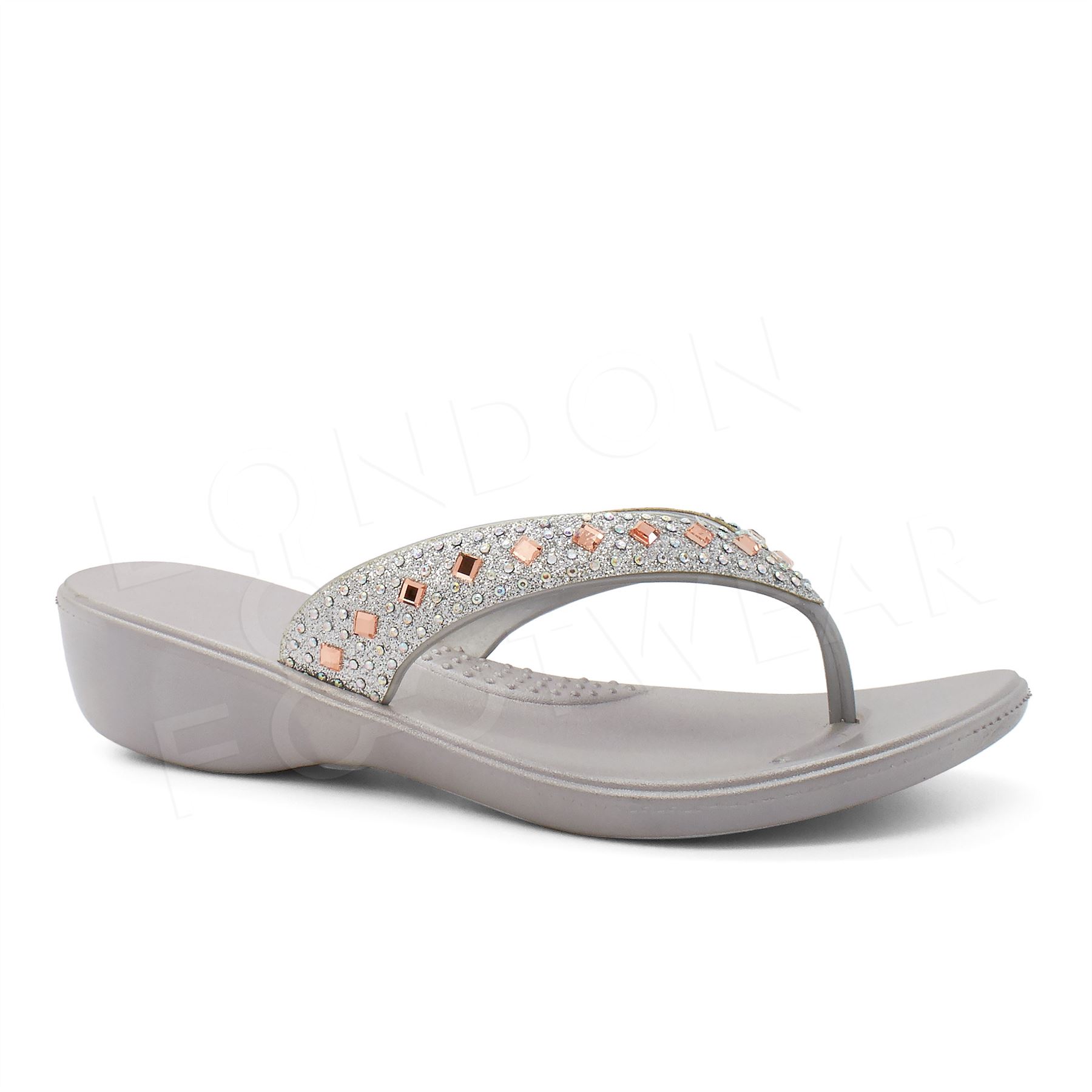 Ladies Diamante Flip Flops Womens Low Wedge Summer Toe Post Beach