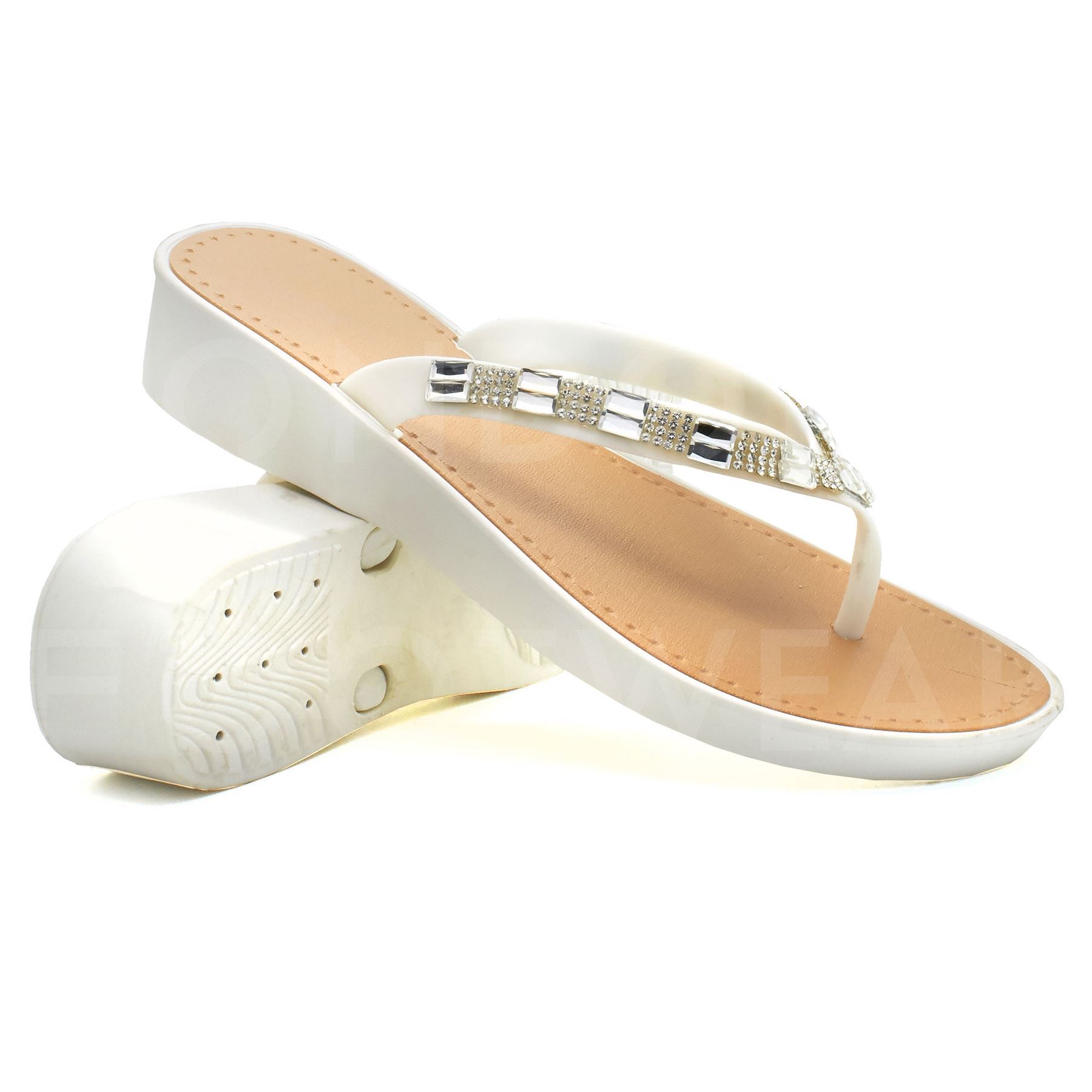 New Women's Low Wedge Heel Sandals Ladies Diamante Flip Flops Toe Post