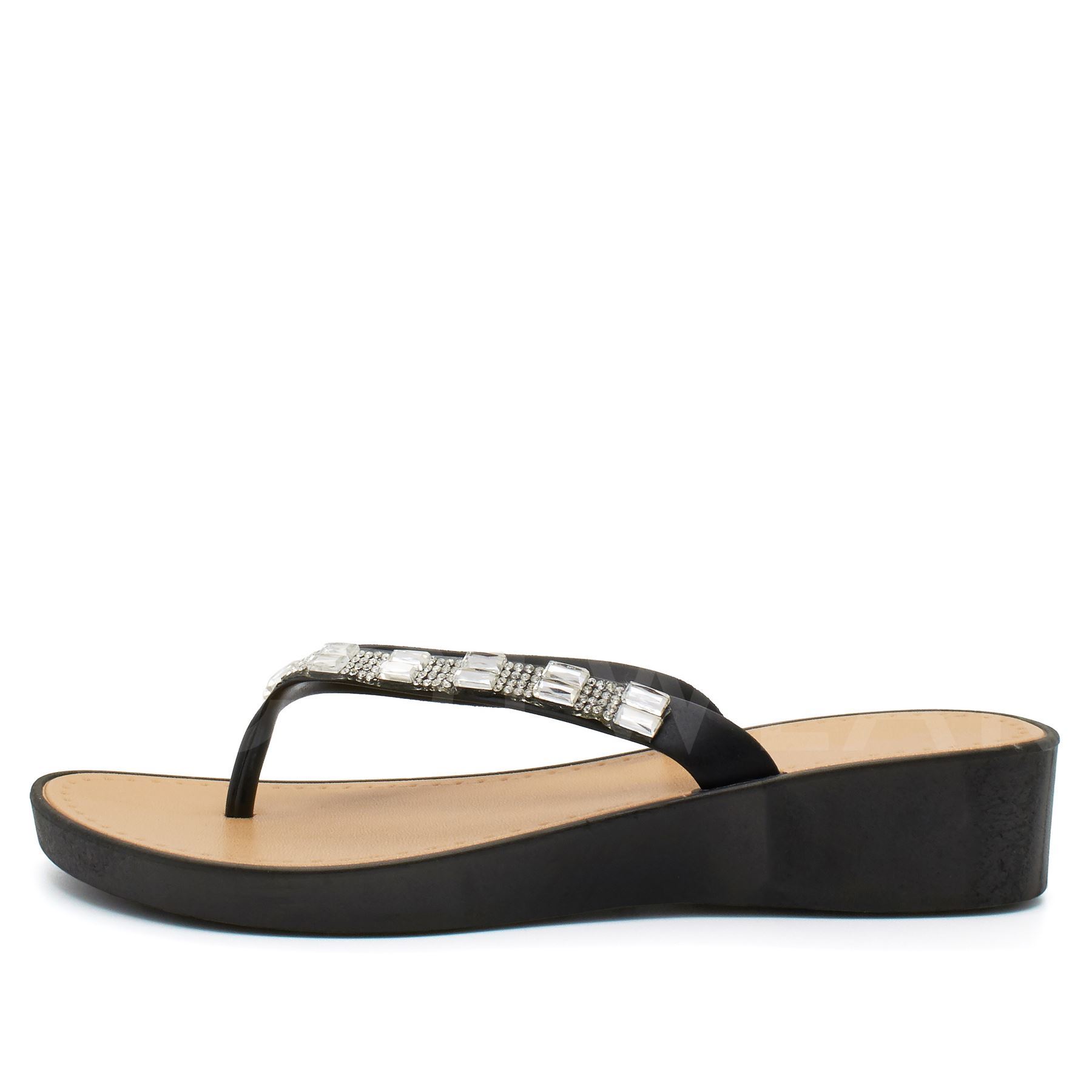 New Women's Low Wedge Heel Sandals Ladies Diamante Flip Flops Toe Post