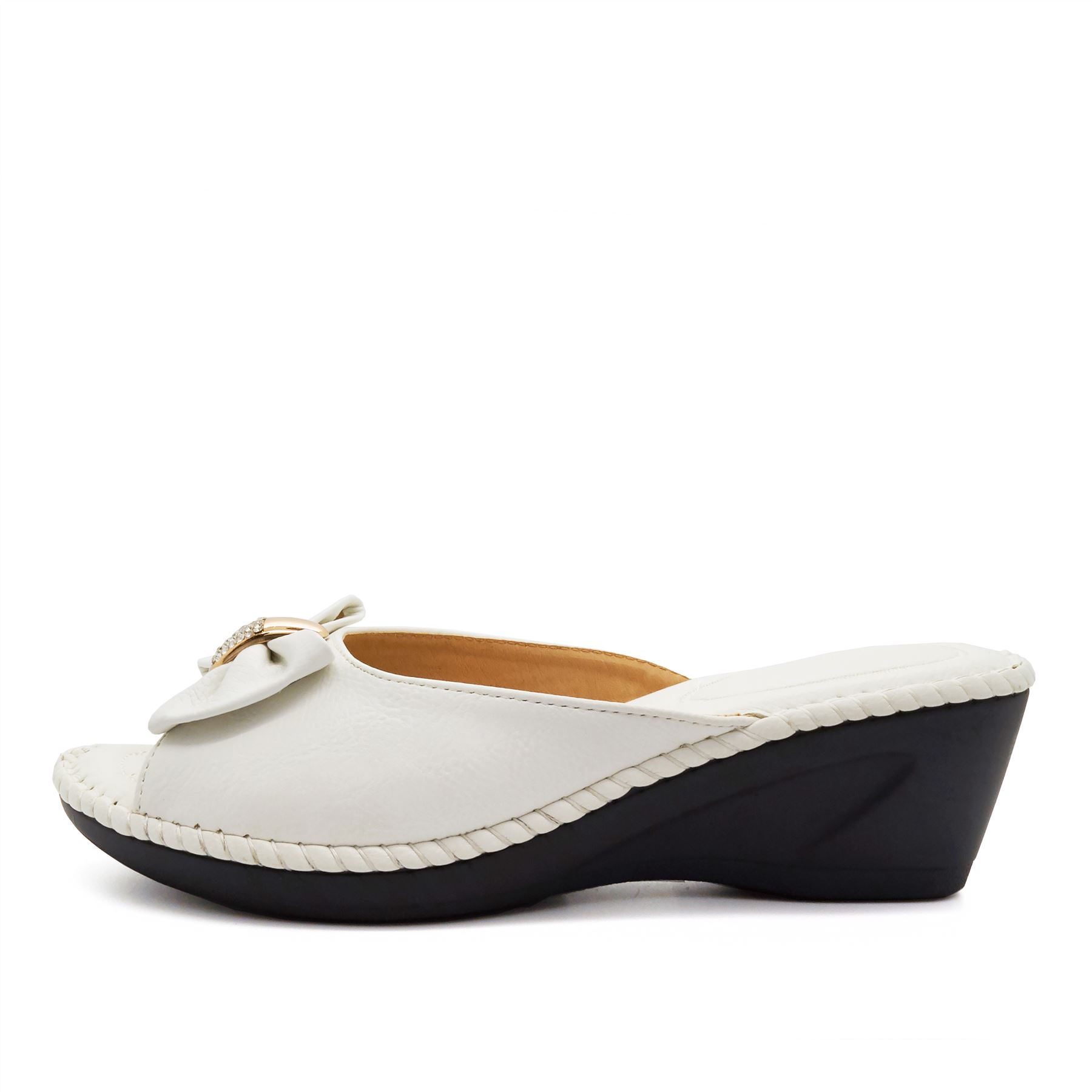 New Ladies Low Wedge Heel Diamante Mule Sandals Womens Slip On Shoes