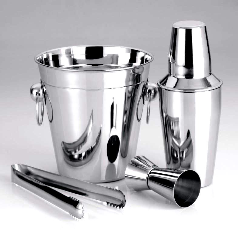 BAR SET 4 PARTLARGE ICE BUCKET/COCKTAIL SHAKER/ICE TONG/DELUG PEG
