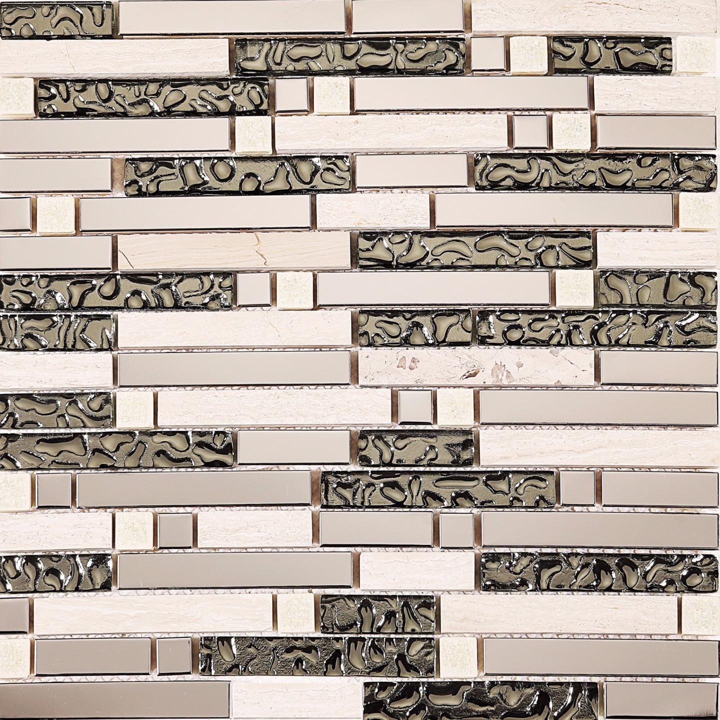 Polished Steel, Natural Stone & Silver Glass Brick Shape Mosaic Tiles (MT0146) - Picture 2 of 2