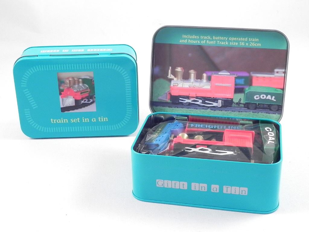 apples to pears train set in a tin