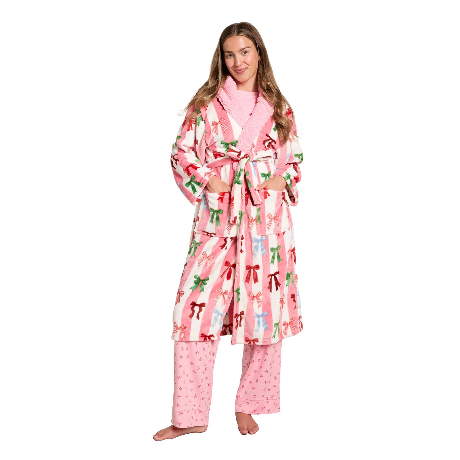 OHS Stripe Dressing Gown Flannel Fleece Robe Thermal Bathrobe Sherpa Lined