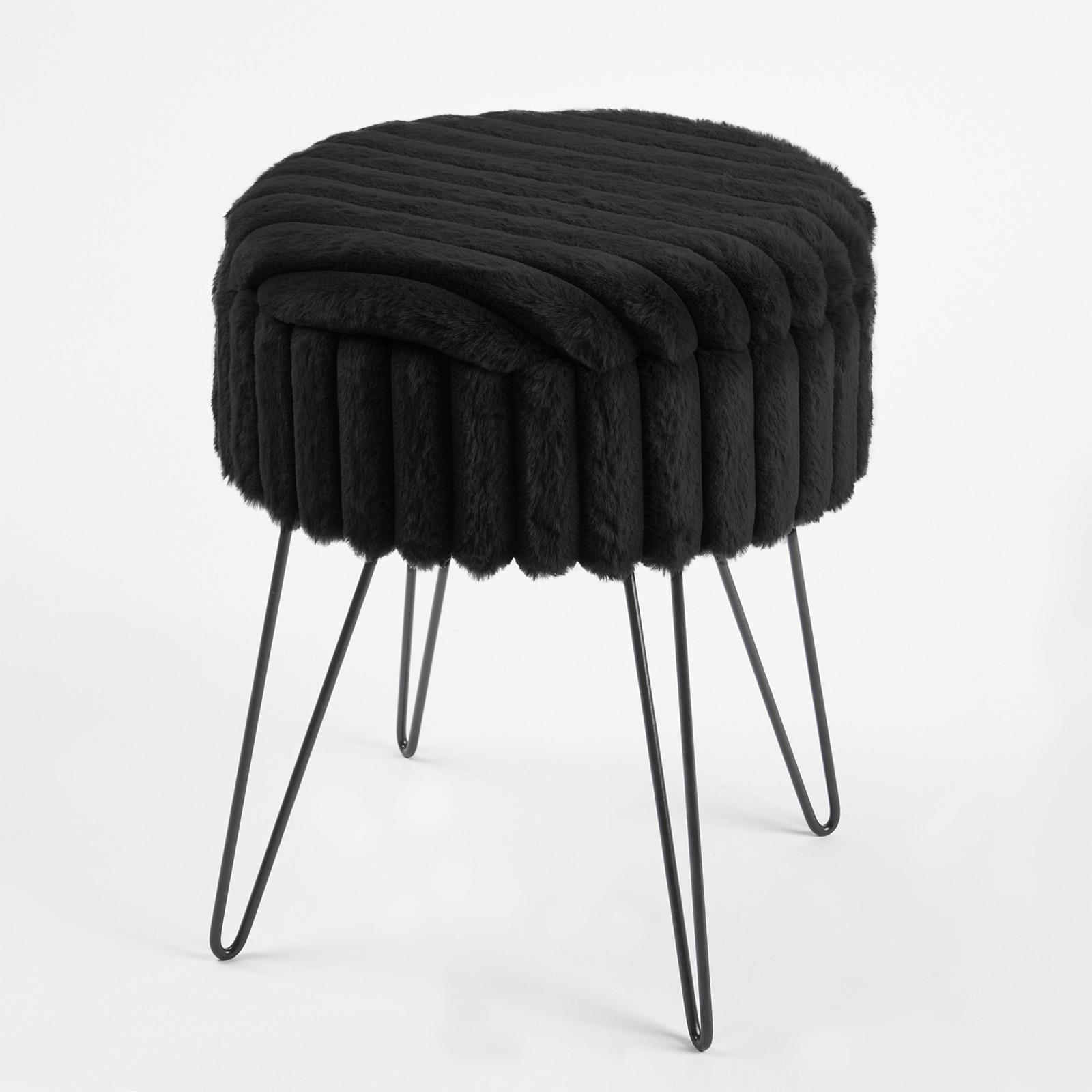 OHS Faux Fur Stool Hairpin Ribbed Fleece Round Vanity Seat Foot Rest Chair