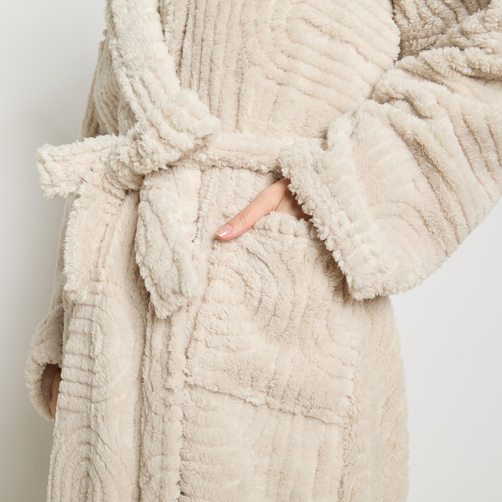 OHS Tufted Dressing Gown Soft Fleece Robe Thermal Bathrobe Hooded Loungewear