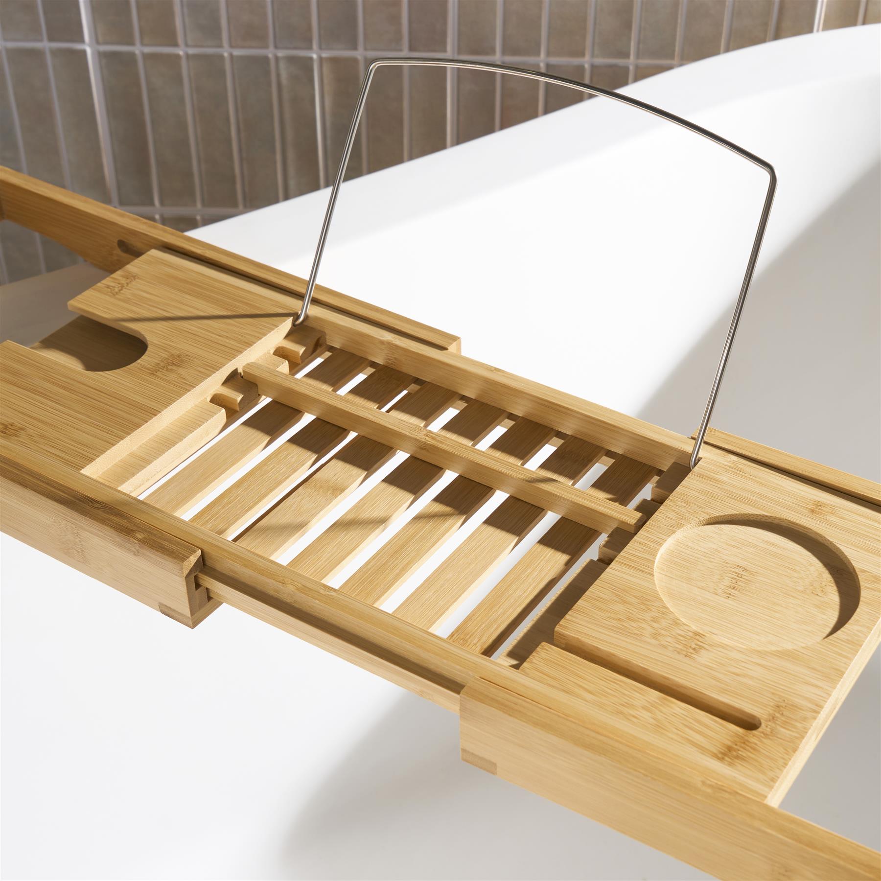 OHS Extendable Bath Tray Bamboo Bathtub Shelf Caddy Freestanding