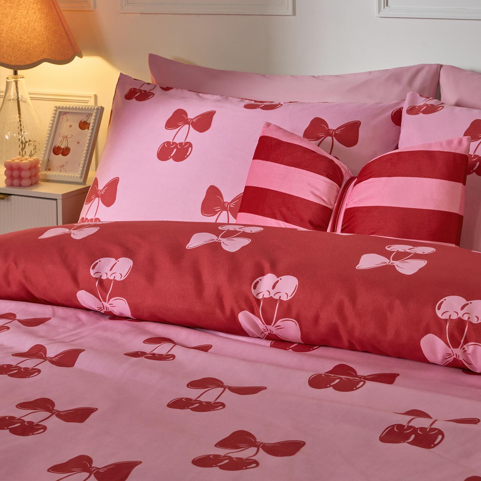 OHS Cherry Bow Bedding Set Microfibre Reversible Duvet Cover with Pillowcase