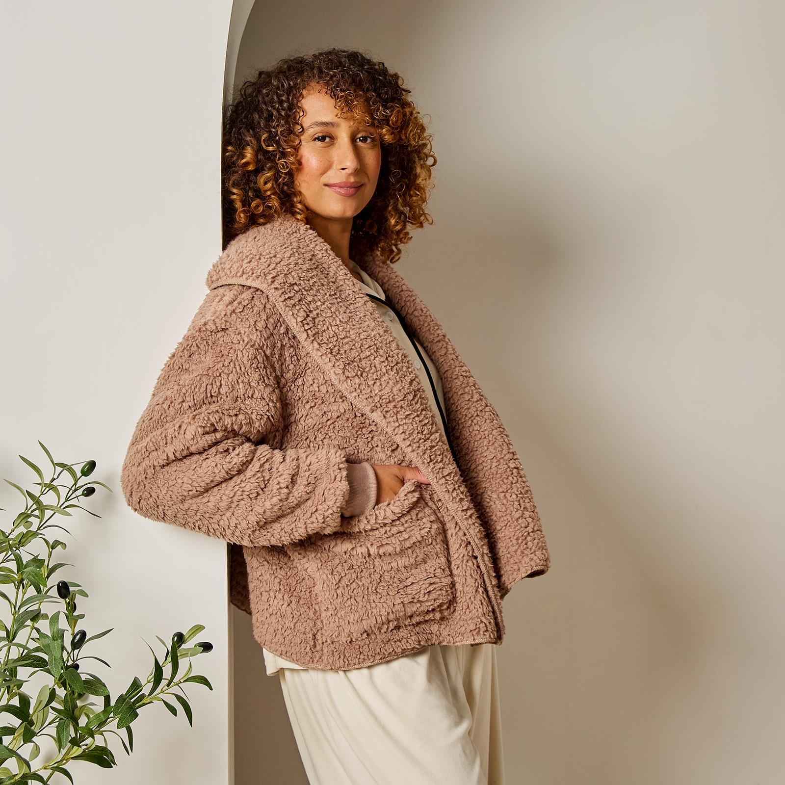 OHS Waterfall Short Cardigan Teddy Fleece Open Front Wrap Loungewear Outwear