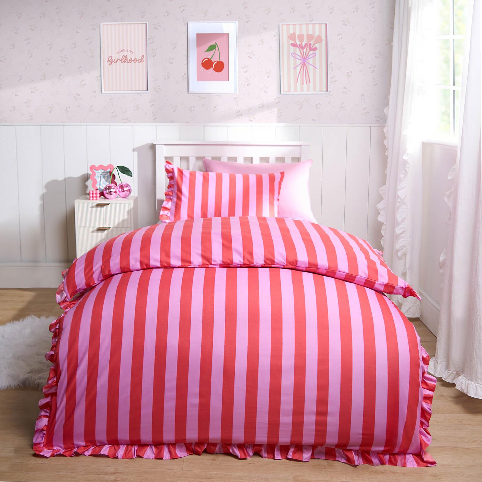 Frill Duvet Cover Bedding Set Pillowcase Stripe Quilt Luxury Double King Size