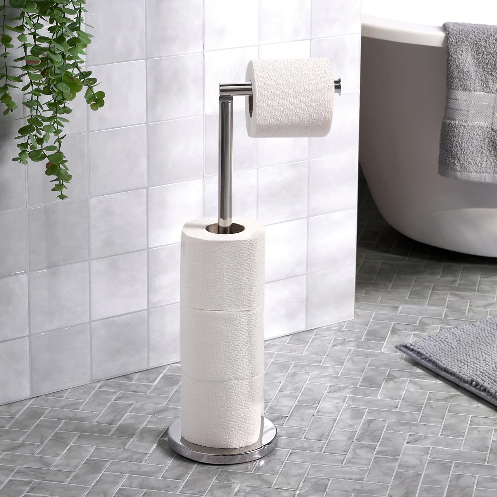 Free Standing Toilet Roll Holder Space Saving Storage Bathroom Loo Roll Frame