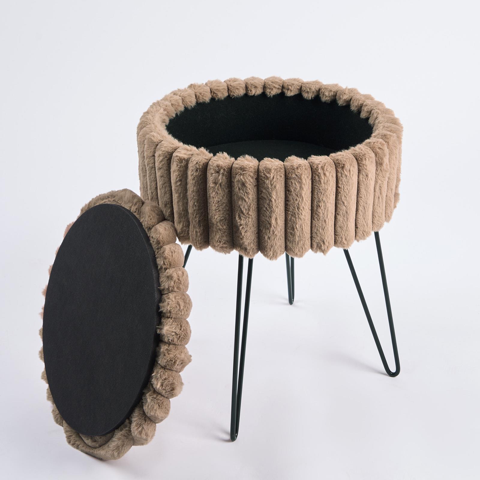 OHS Faux Fur Stool Hairpin Ribbed Fleece Round Vanity Seat Foot Rest Chair - Produktbild 6