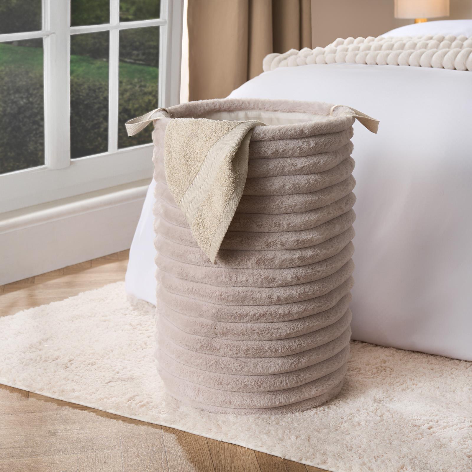 OHS Ribbed Laundry Basket Faux Fur Folding Hamper Bag Clothes Bin with Handles