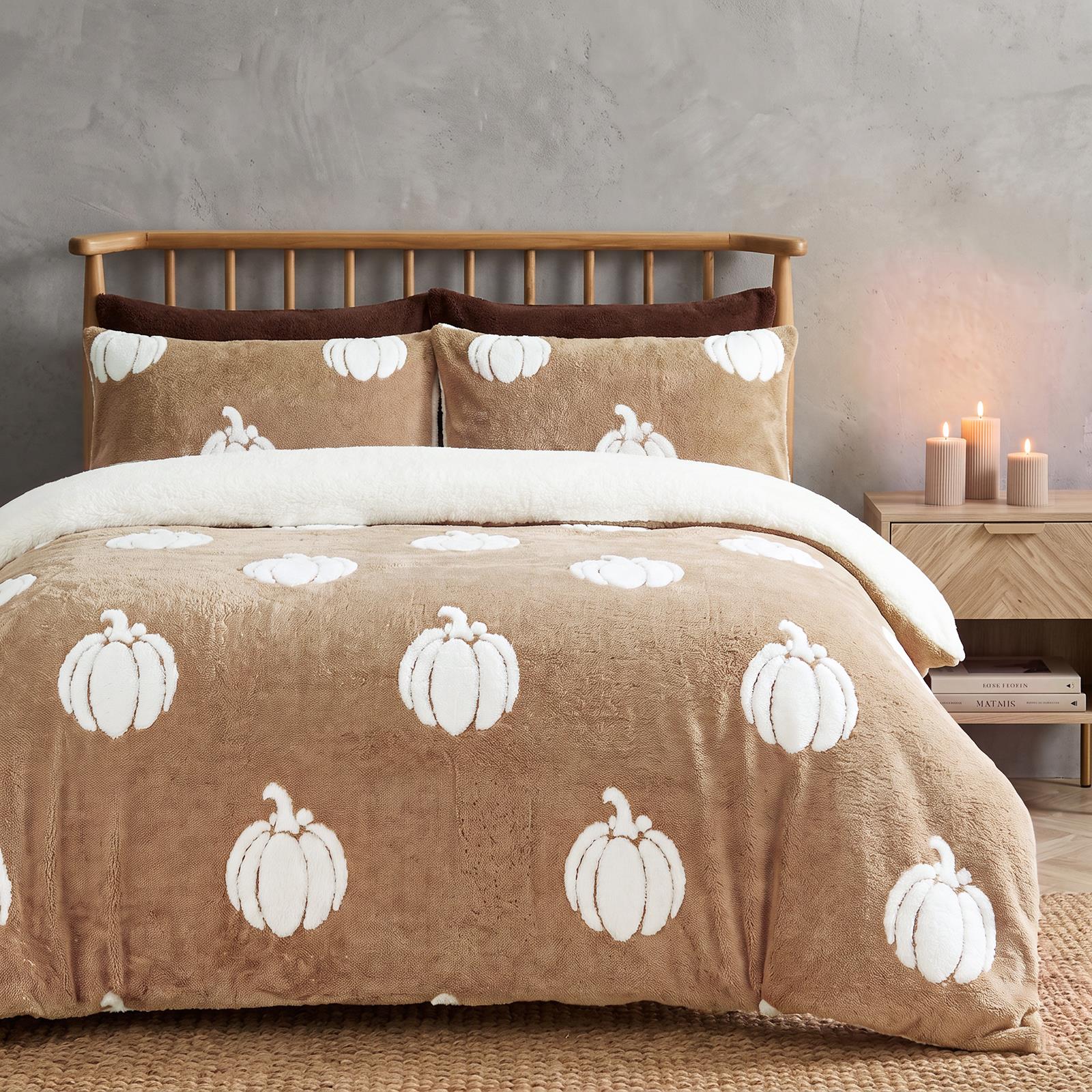 OHS Pumpkin Tufted Duvet Cover Set Halloween Autumn Teddy Fleece Bedding
