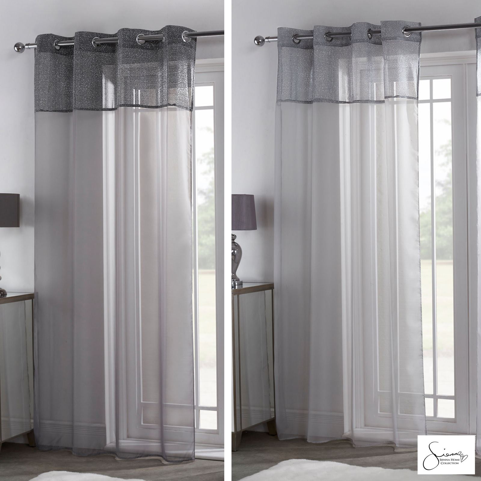 Sienna Pair Lurex Sparkle Glitter Voile Net Curtain Eyelet Top