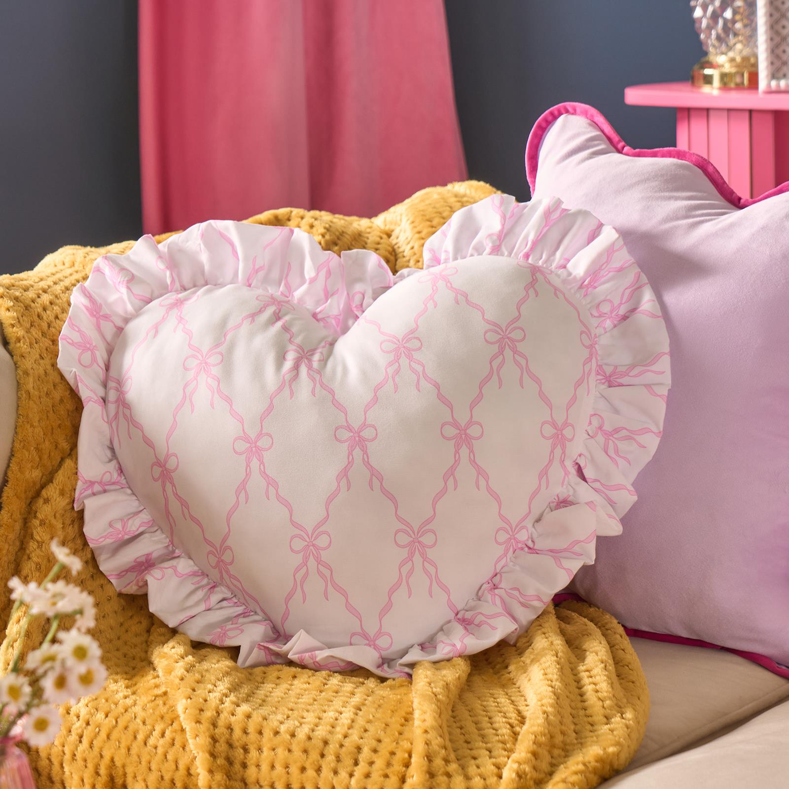 OHS Heart Scatter Cushion Bow Lattice Frill Microfibre Decorative Throw Pillow
