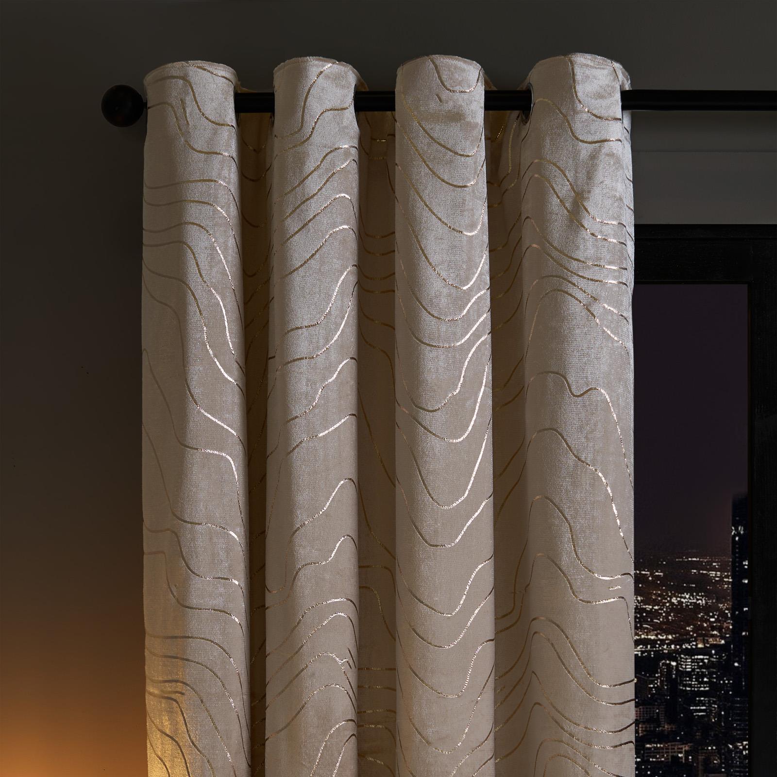 Velvet Eyelet Curtains Metallic Foil Wave Pair of Ring Top Thermal Ready Made