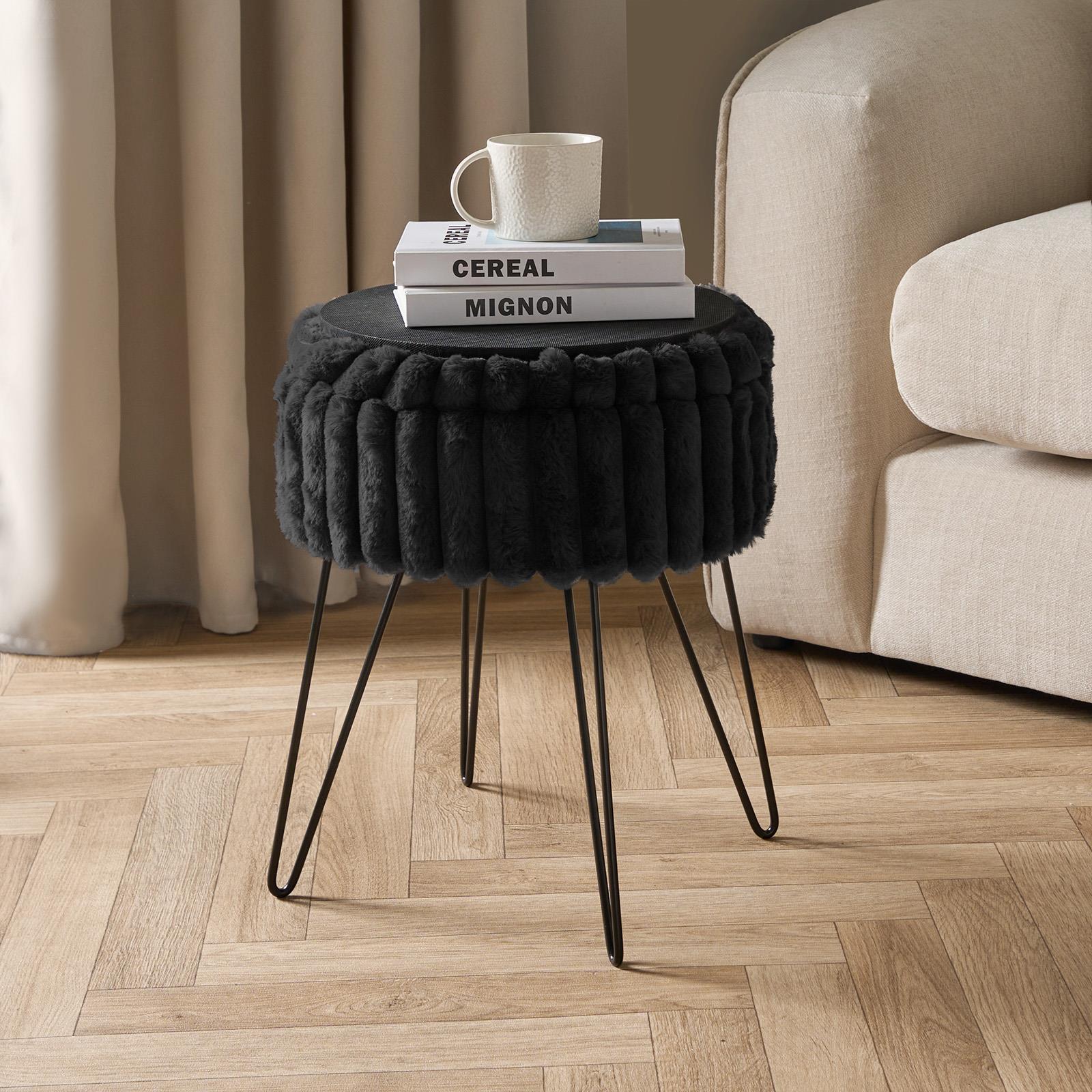 OHS Faux Fur Stool Hairpin Ribbed Fleece Round Vanity Seat Foot Rest Chair