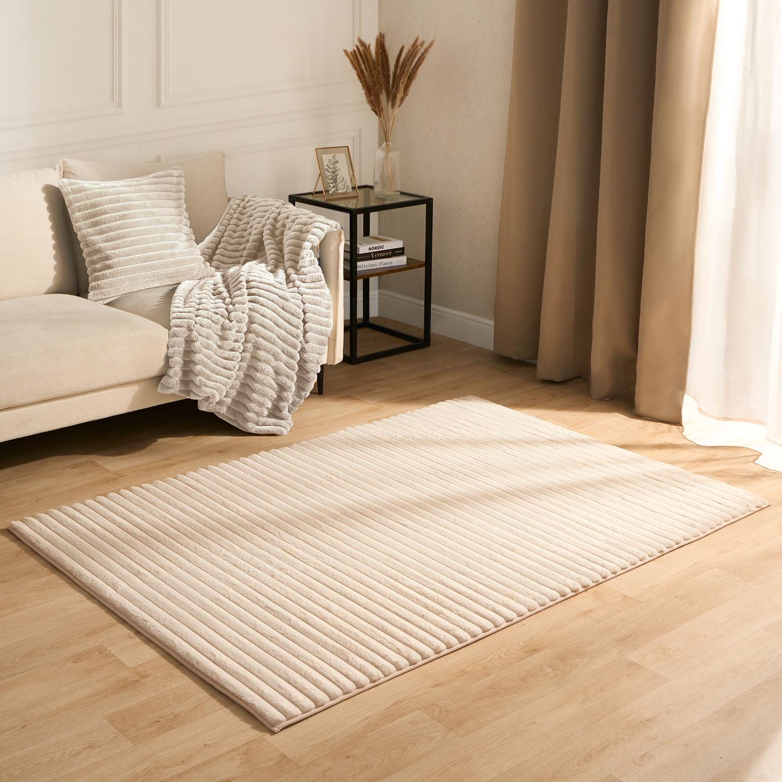 Faux Fur Rug Living Room Ribbed Large Mat Luxury Carpet Anti Slip Floor Runner