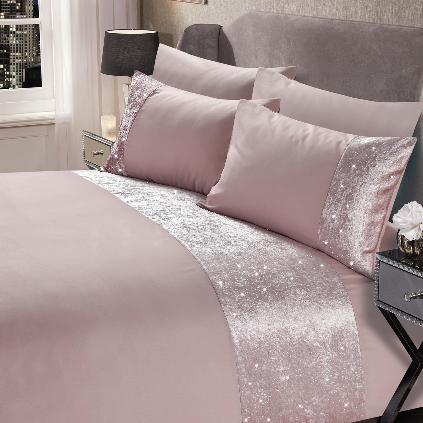 Sienna Glitter Crushed Velvet Band Duvet Cover with Pillowcase Bling