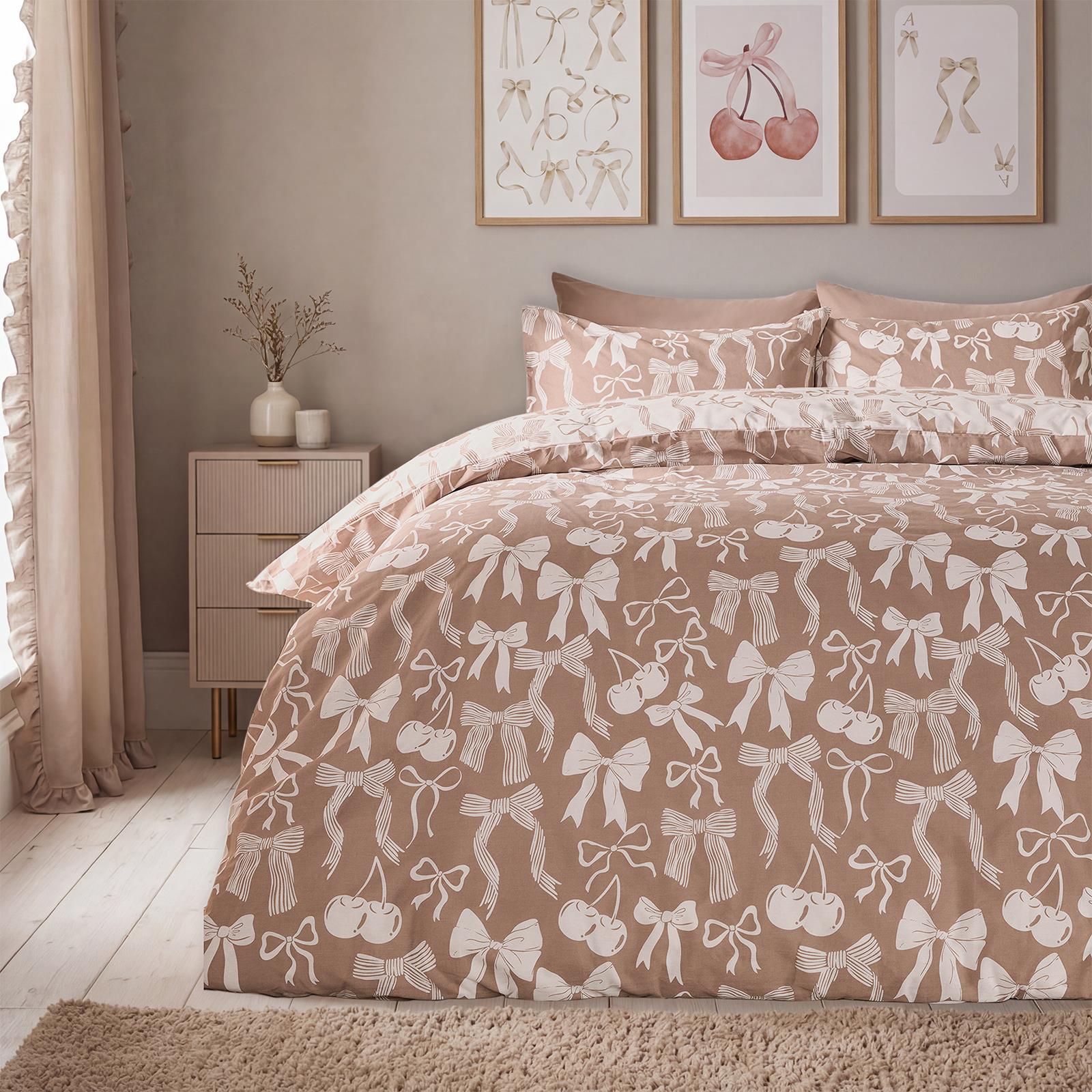 OHS Bow Reversible Duvet Cover Set with Pillowcase Polycotton Microfibre Bedding