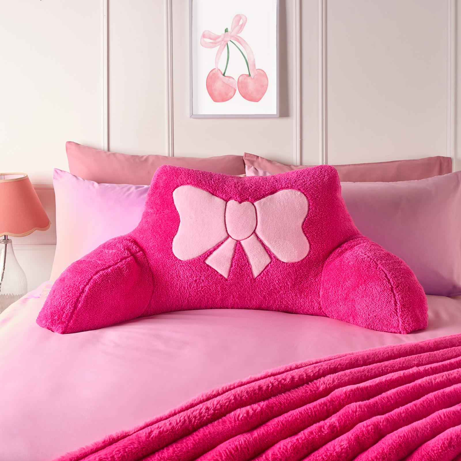 OHS Embroidered Bow Cuddle Cushion Teddy Fleece Reading Pillow with Arms