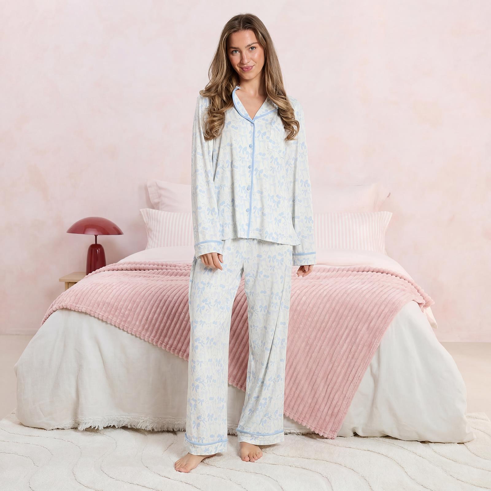 OHS Bows Pyjama Set Womens Jersey Button Through Soft Nightwear Loungewear