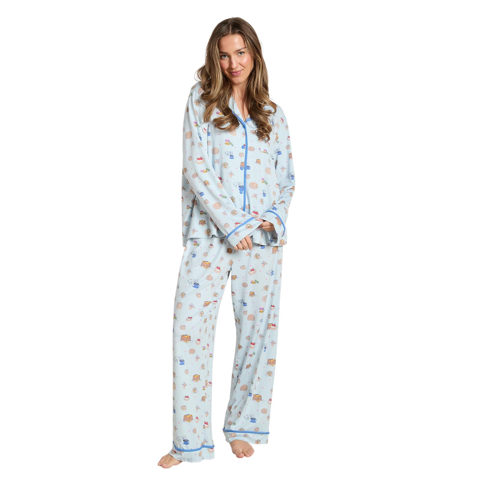 OHS Breakfast Pyjama Set Jersey Button Through Ultra Soft Nightwear Loungewear