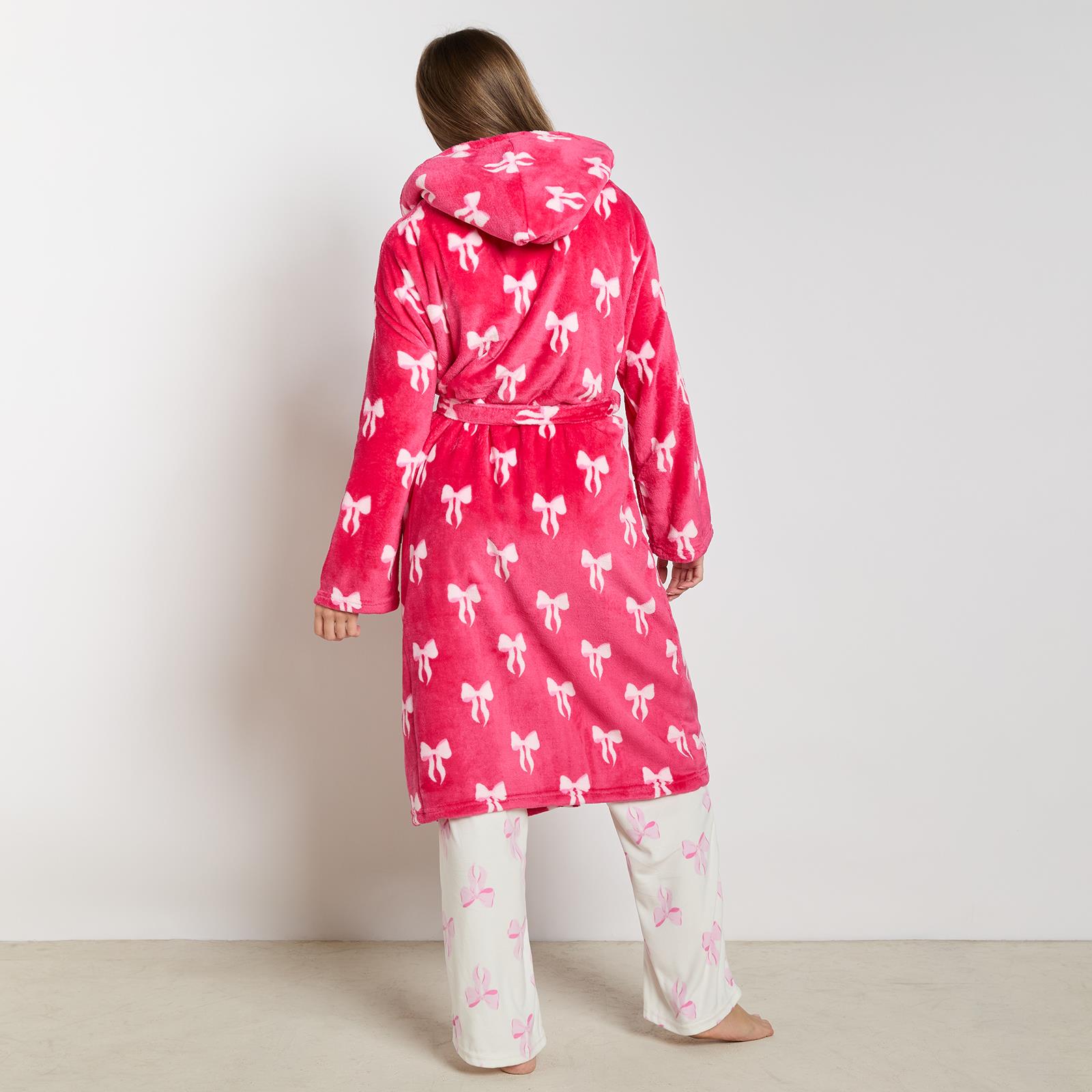 OHS Bows Dressing Gown Flannel Winter Sherpa Lined Loungewear Hooded Bathrobe
