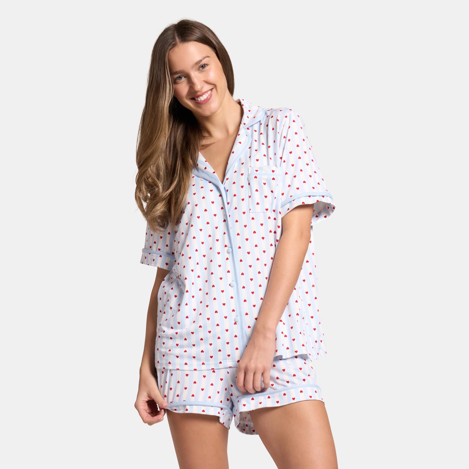 OHS Hearts Short Pyjama Set Womens Jersey Button Through Nightwear Loungewear