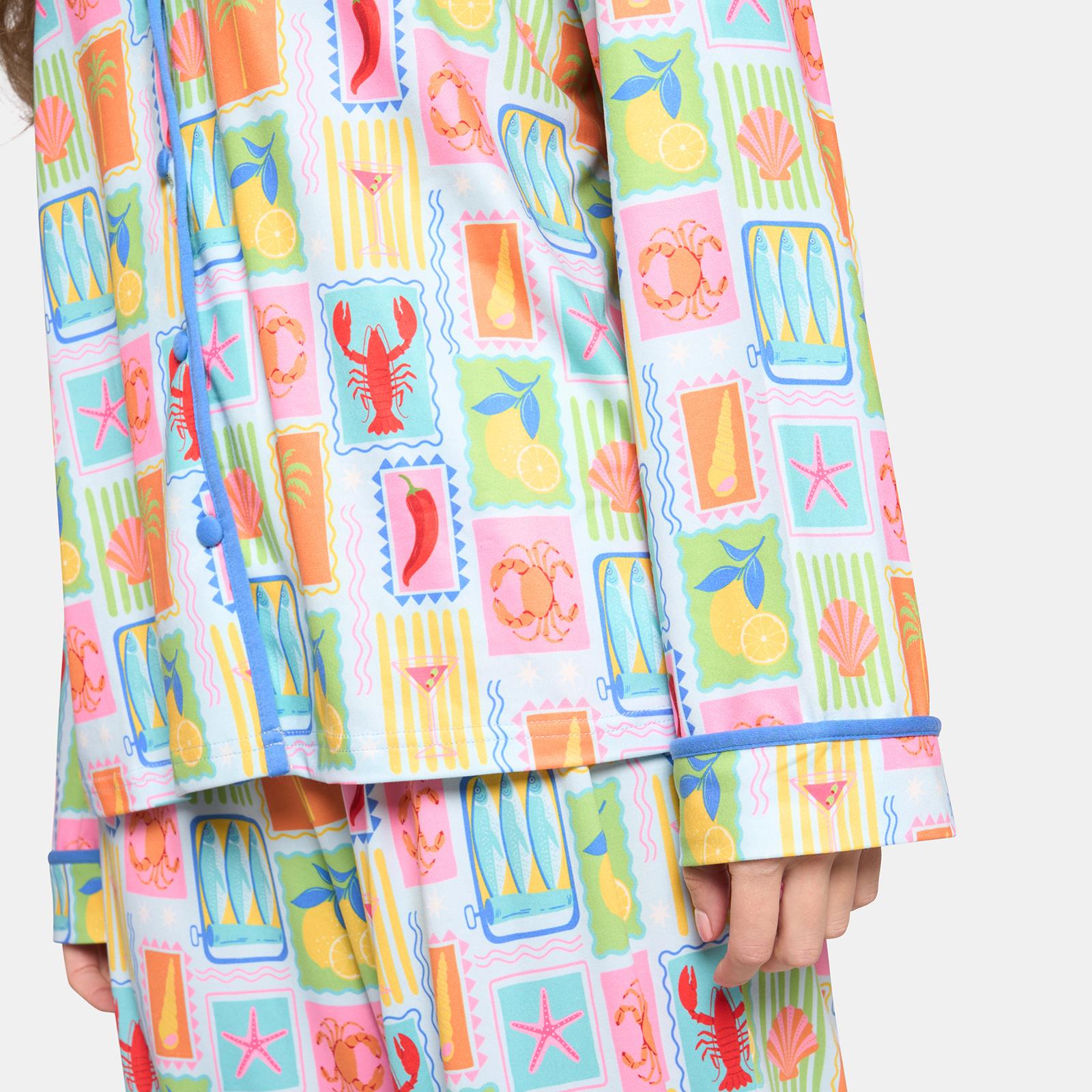 OHS Postcards Print Pyjama Set Womens Jersey Button Through Nightwear Loungewear