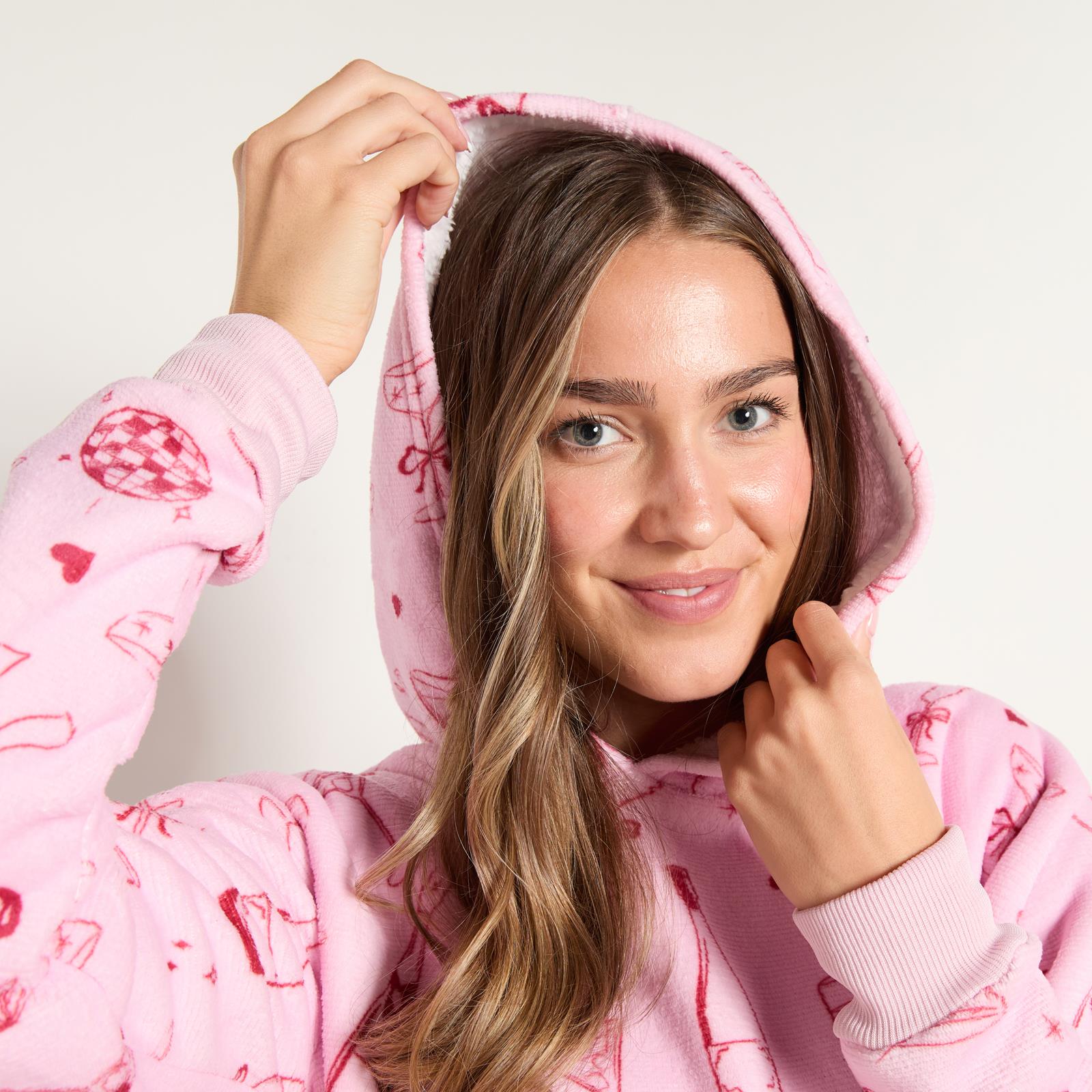 OHS Bow Print Loungewear Set Winter Sherpa Nightwear 2-Piece Hoodie Jogger Gift