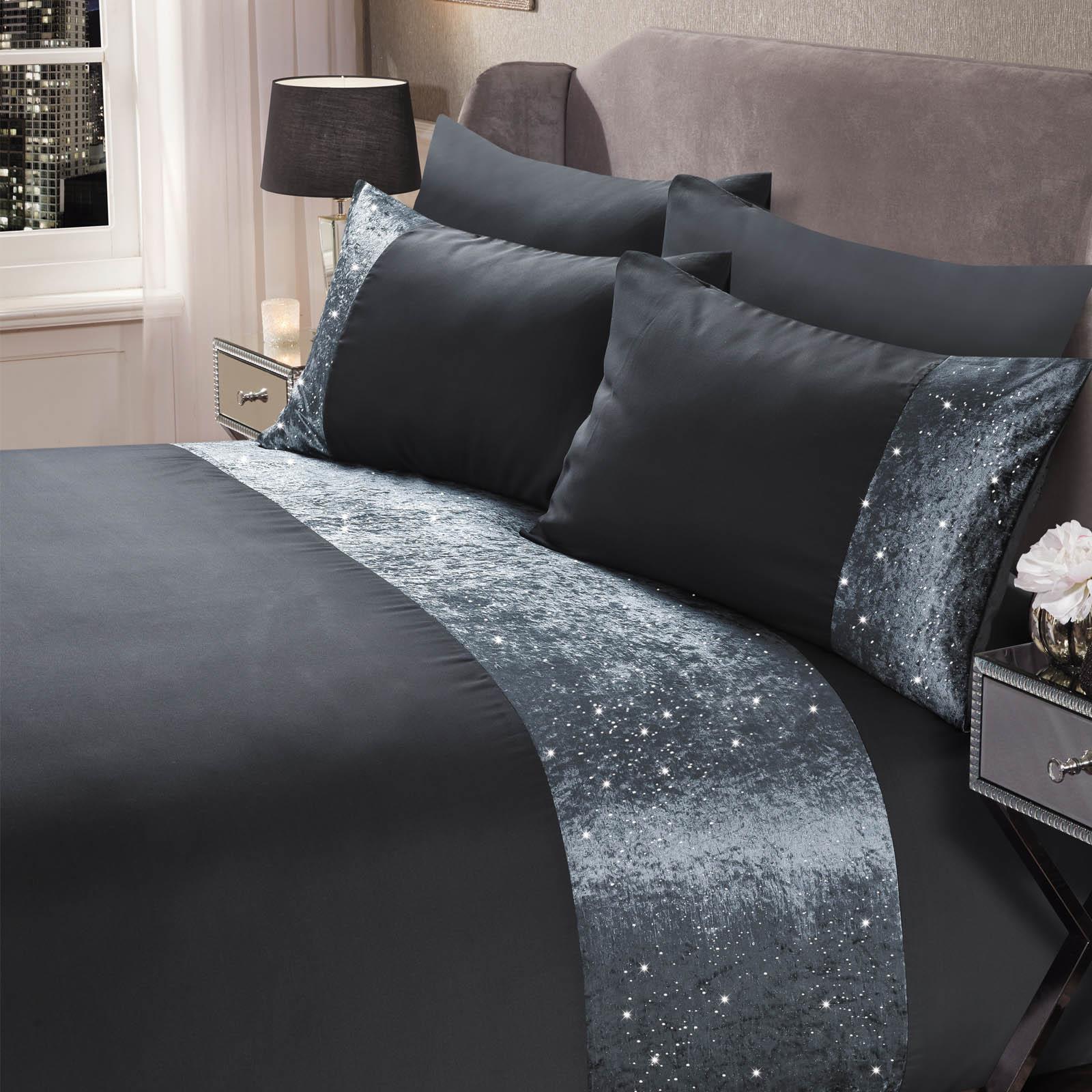 Sienna Glitter Crushed Velvet Band Duvet Cover with Pillowcase Bling