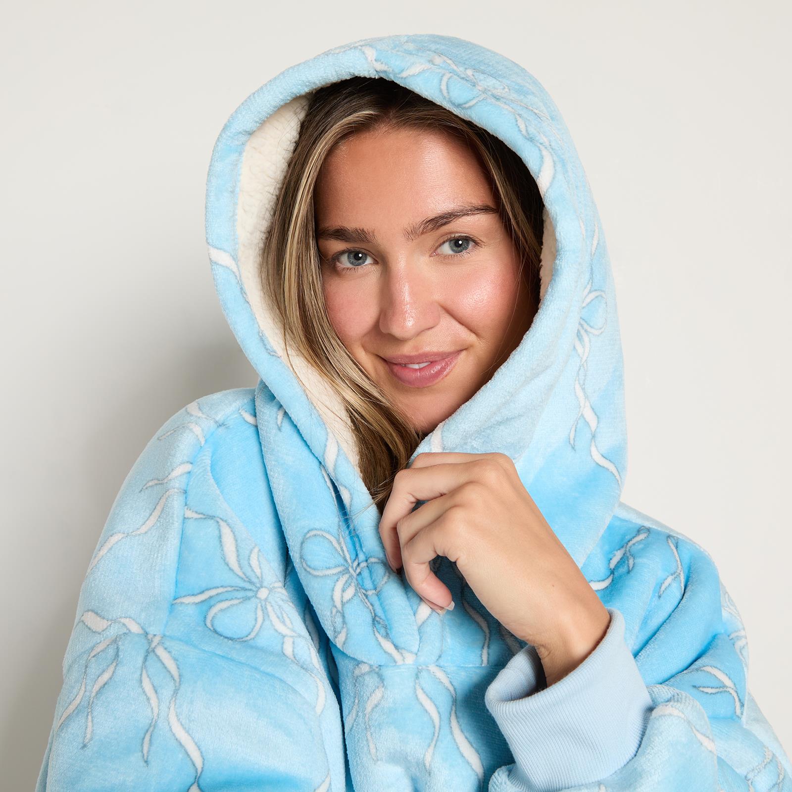 OHS Bow Lattice Hoodie Blanket Sherpa Lined Fleece Wearable Throw Thermal