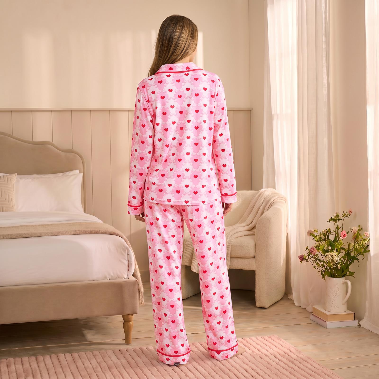 OHS Bows Pyjama Set Womens Jersey Button Through Soft Nightwear Loungewear